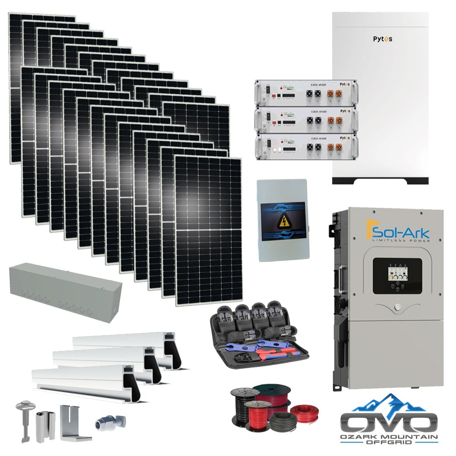 12KW Complete Offgrid Solar Kit - 15.36kWh Pytes Lithium Battery + 15K Sol Ark Inverter +13.2KW Solar with Mounting Rails and Wiring