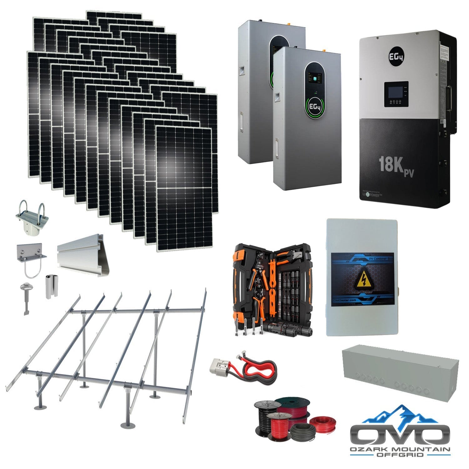 15KW Complete Offgrid Solar Kit + EG4 18kPV + 2x 14.3KW 48V EG4 Lithium Indoor Wall Battery + 15.4KW Solar with Ground Mount and Wiring