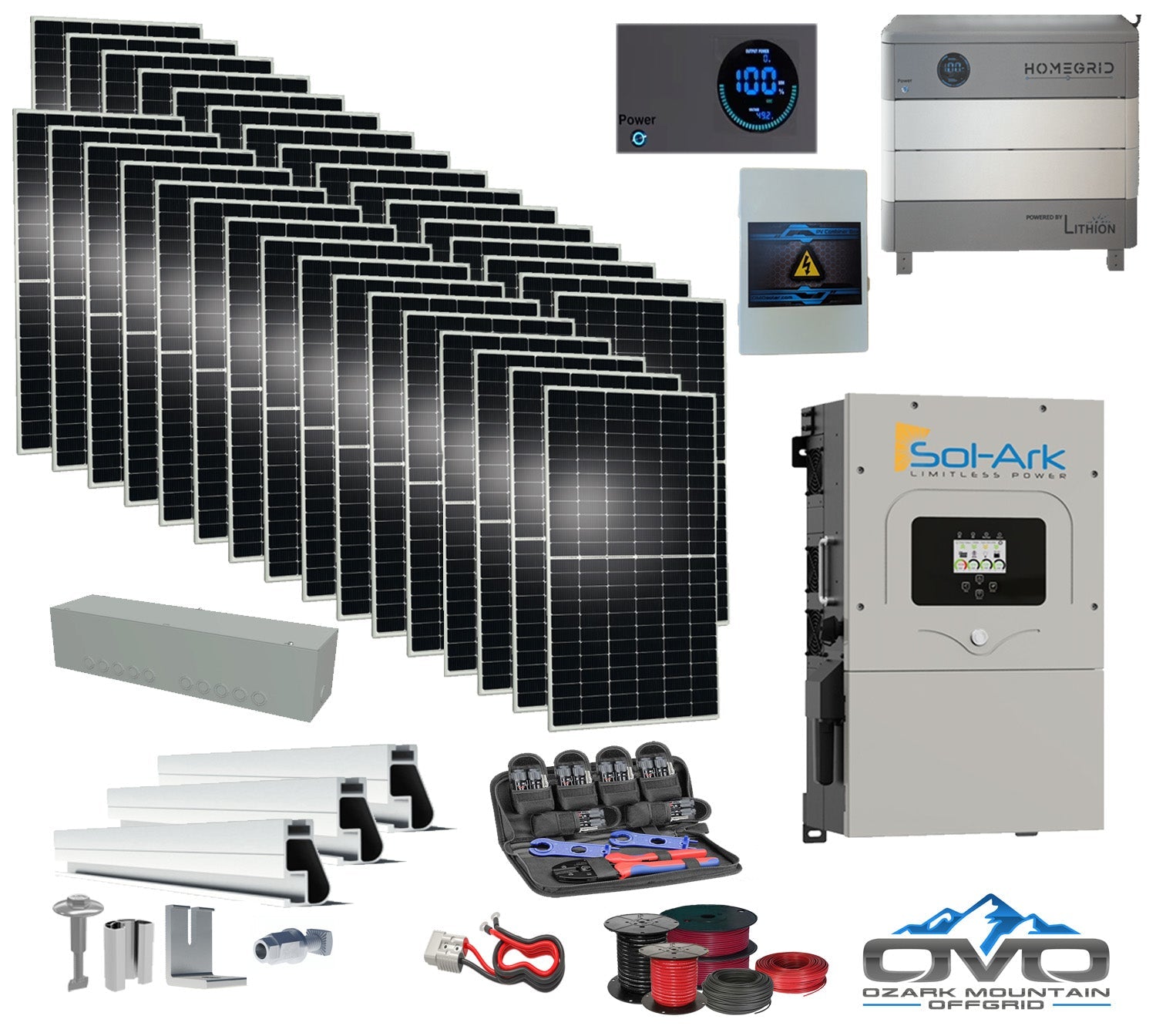 17KW Complete Offgrid Solar Kit - 9.6kWh Lithium Battery + 15K Sol Ark Inverter +17.6KW Solar with Mounting Rails and Wiring