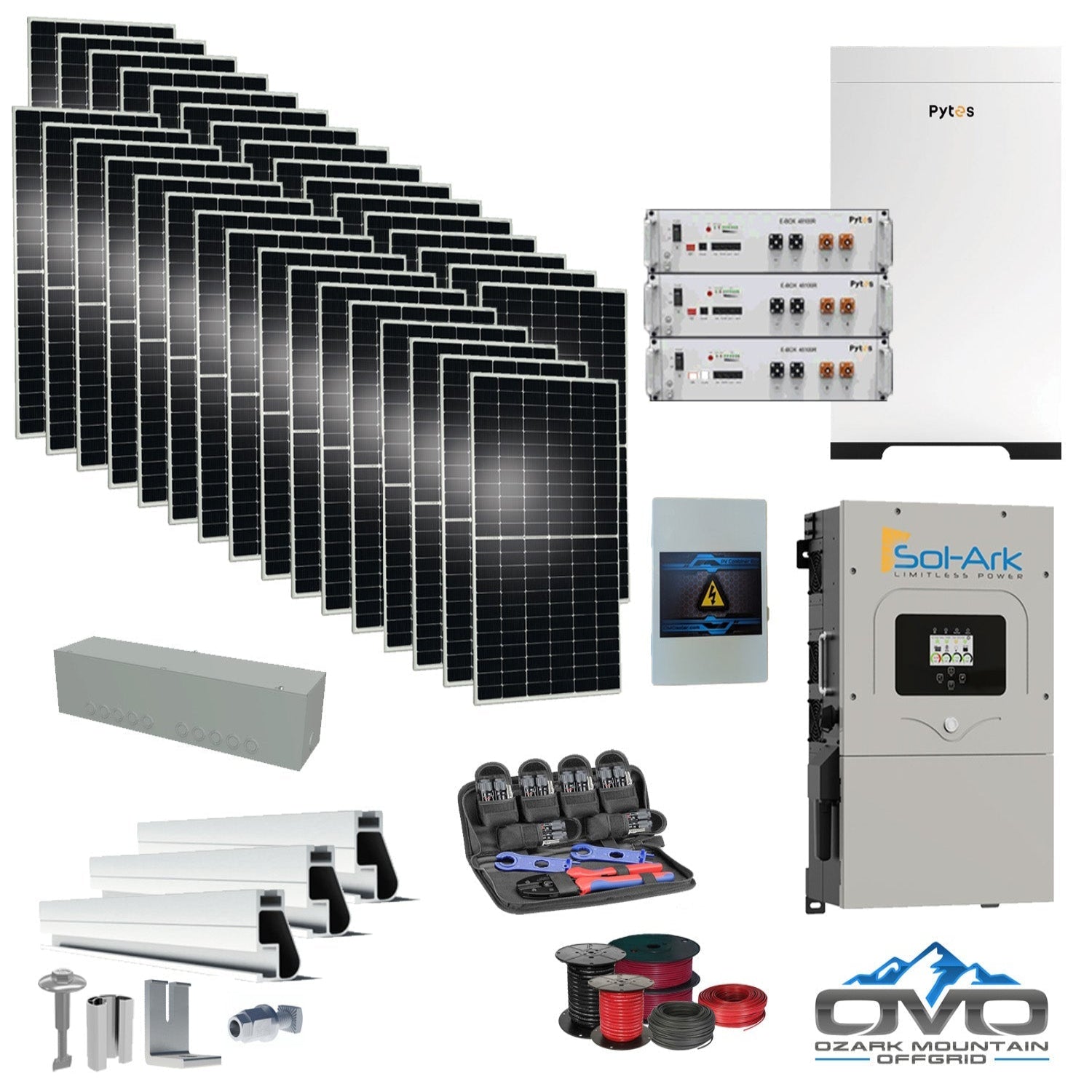 17KW Complete Offgrid Solar Kit - 15.36kWh Pytes Lithium Battery + 15K Sol Ark Inverter +17.6KW Solar with Mounting Rails and Wiring