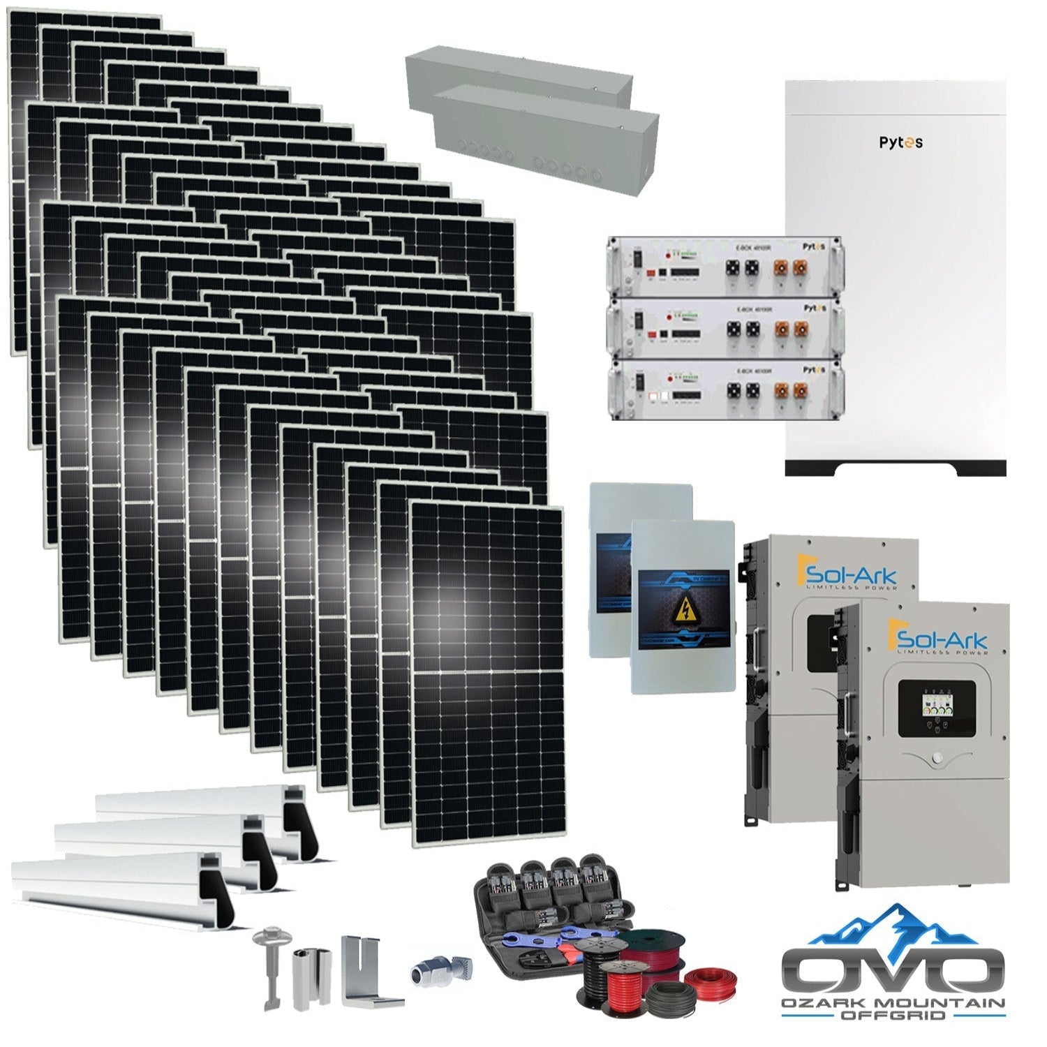 25KW Complete Offgrid Solar Kit - 15.36kWh Pytes Lithium Battery + 2x15K Sol Ark Inverter +26.4KW Solar with Mounting Rails and Wiring