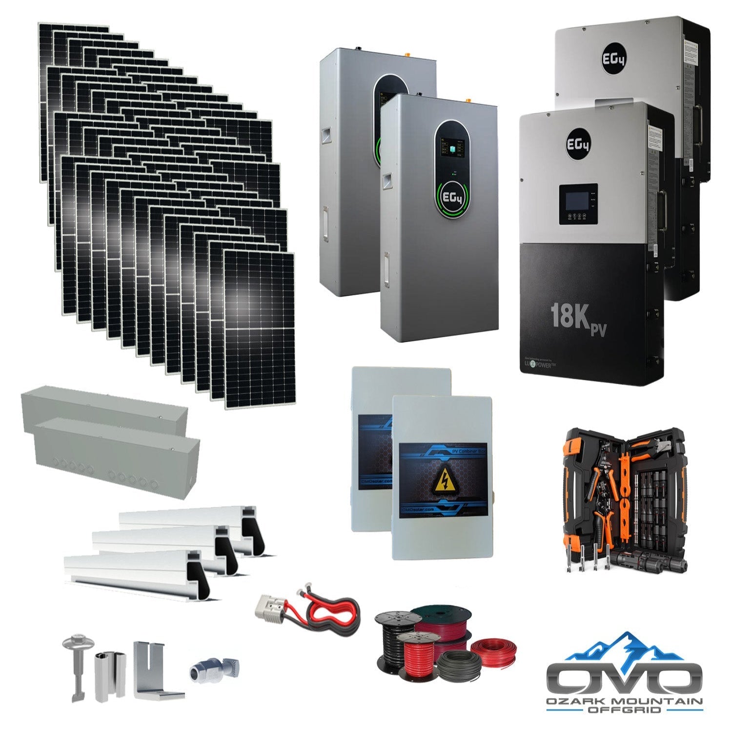 25KW Complete Offgrid Solar Kit + EG4 18kPV + 2x 14.3KW 48V EG4 Lithium Indoor Wall Battery + 26.4KW Solar with Roof Mounting Rails and Wiring