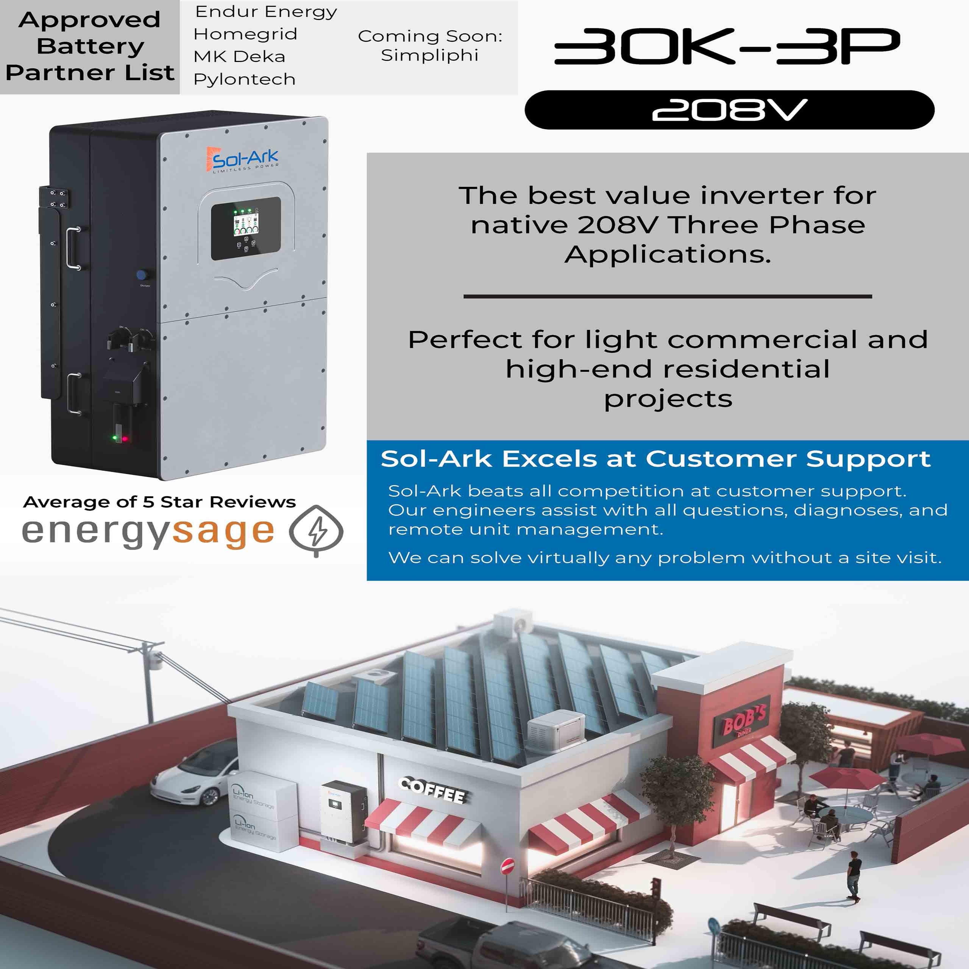 Commercial 120KW Solar Array - 3 Phase 208V Solar Kit + 4x 30K 208V Sol-Ark Inverter + 4x 60KW Sol-Ark OUTDOOR Lithium Battery +118.8KW Solar with Ground Mount and Wiring