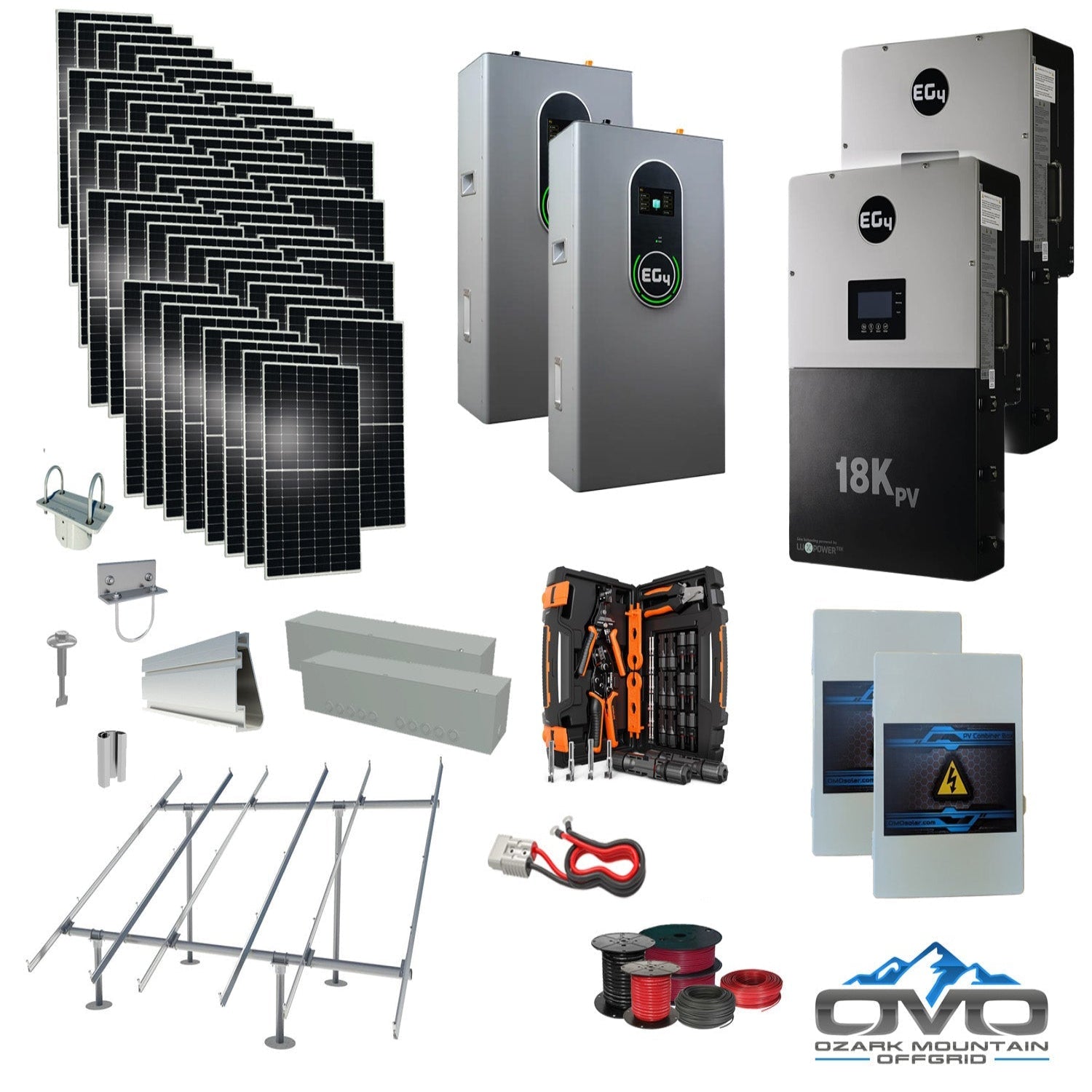 30KW Complete Offgrid Solar Kit + EG4 18kPV + 2x 14.3KW 48V EG4 Lithium Indoor Wall Battery + 30.8KW Solar with Ground Mount and Wiring