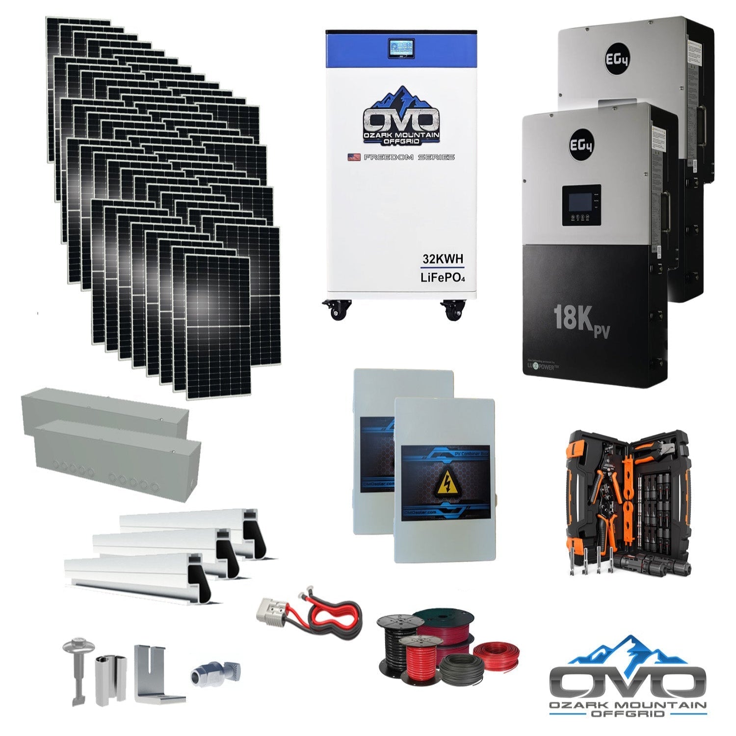 30KW Complete Offgrid Solar Kit + EG4 18kPV + 32KW OMO 48V Freedom Series Lithium Battery + 30.8KW Solar with Roof Mounting Rails and Wiring
