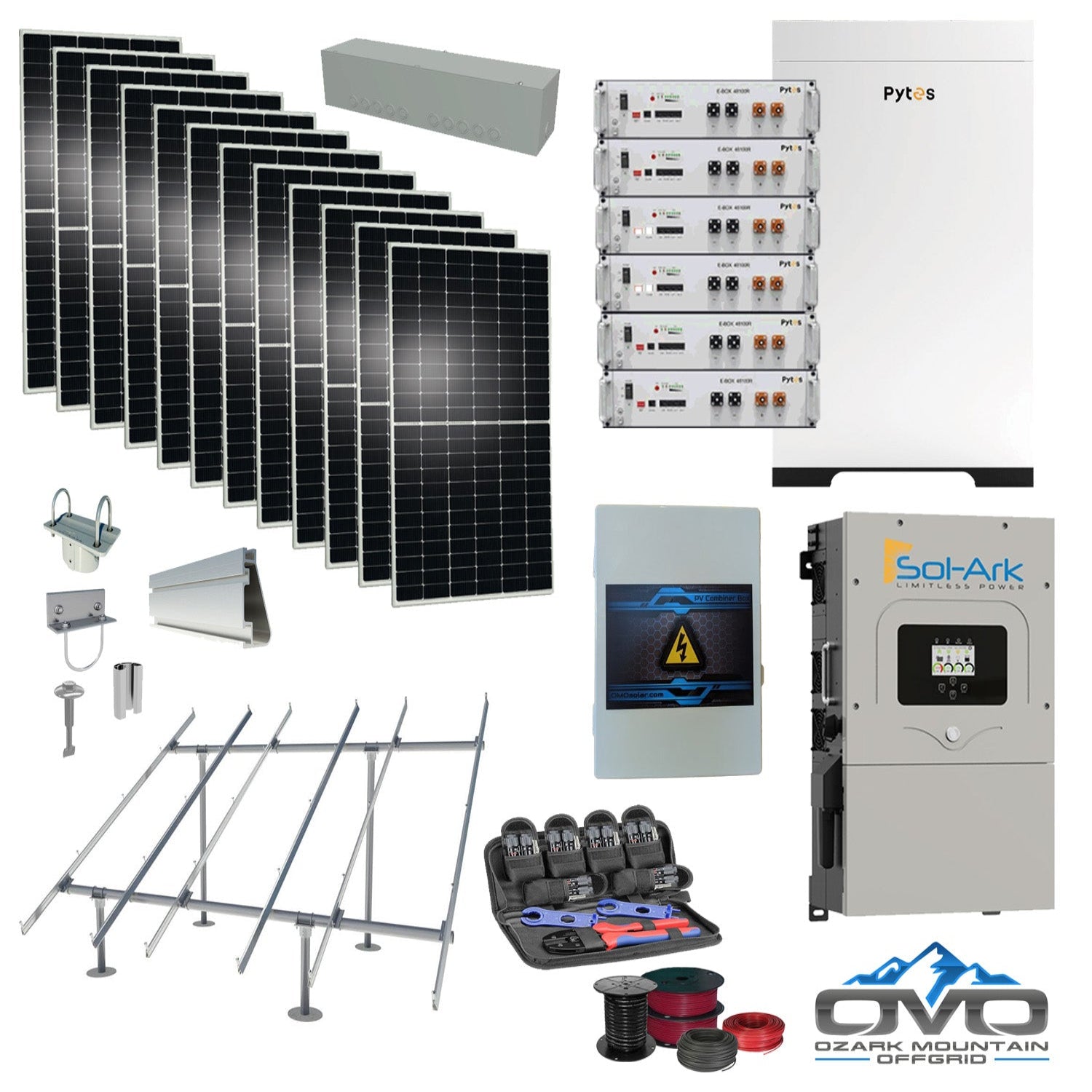 6KW Complete Offgrid Solar Kit - 30.72kWh Pytes Lithium Battery + 15K Sol Ark Inverter +6.6KW Solar with Ground Mount Rails and Wiring