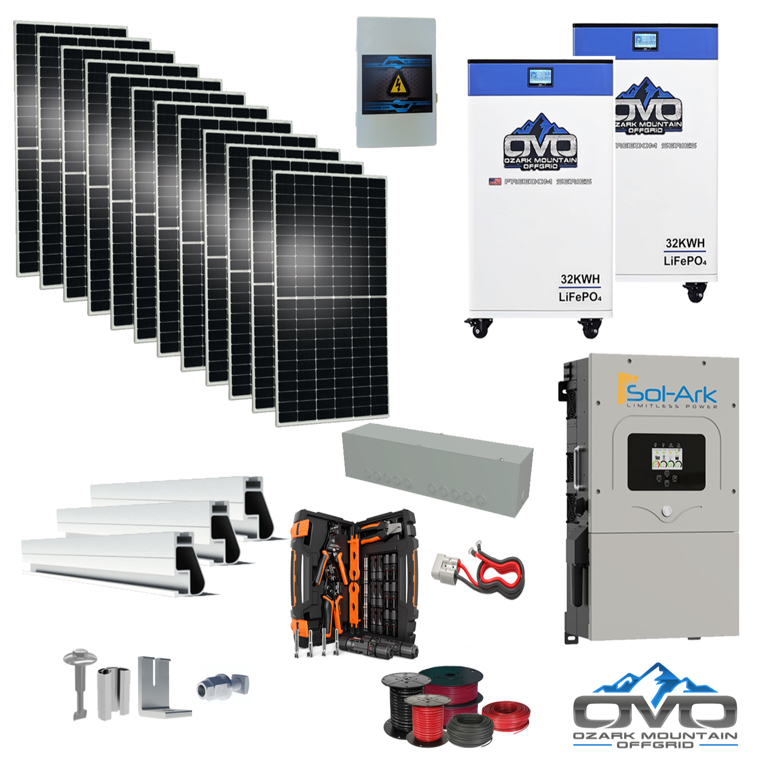 6KW Complete Offgrid Solar Kit - 2x 32kWh OMO 48V Freedom Series Lithium Battery + 15K Sol-Ark Inverter +6.6KW Solar with Roof Mount and Wiring