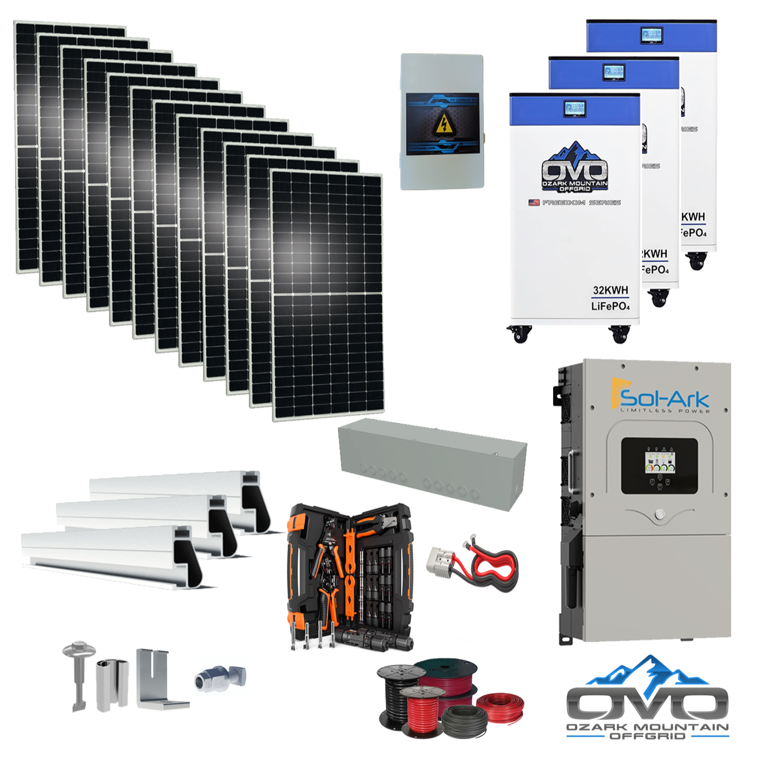 6KW Complete Offgrid Solar Kit - 3x 32kWh OMO 48V Freedom Series Lithium Battery + 15K Sol-Ark Inverter +6.6KW Solar with Roof Mount and Wiring
