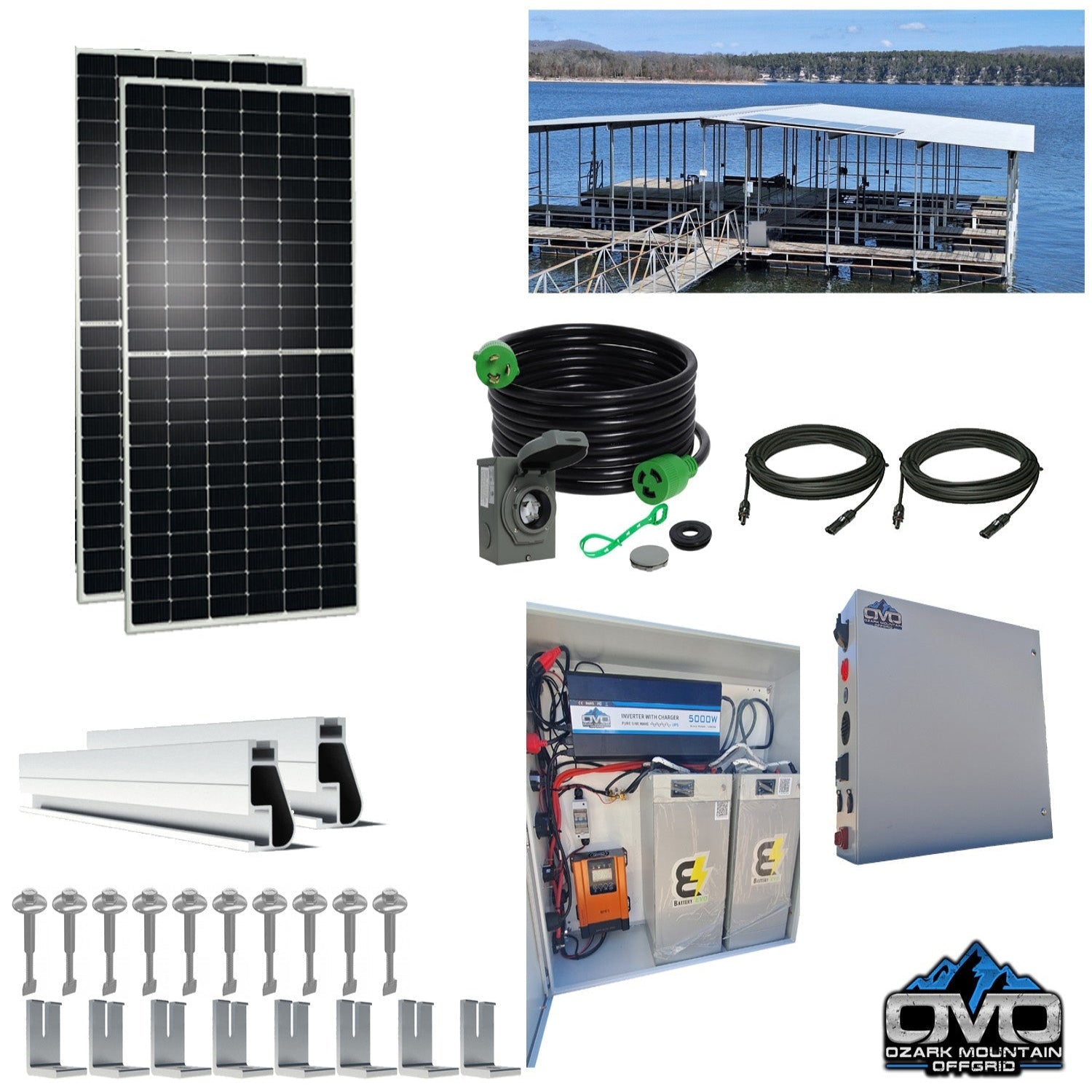 1.1KW Boat Dock Offgrid Solar Kit (2 Panel + 2 Lithium Batteries) - Mountable with Plug and Play Connections