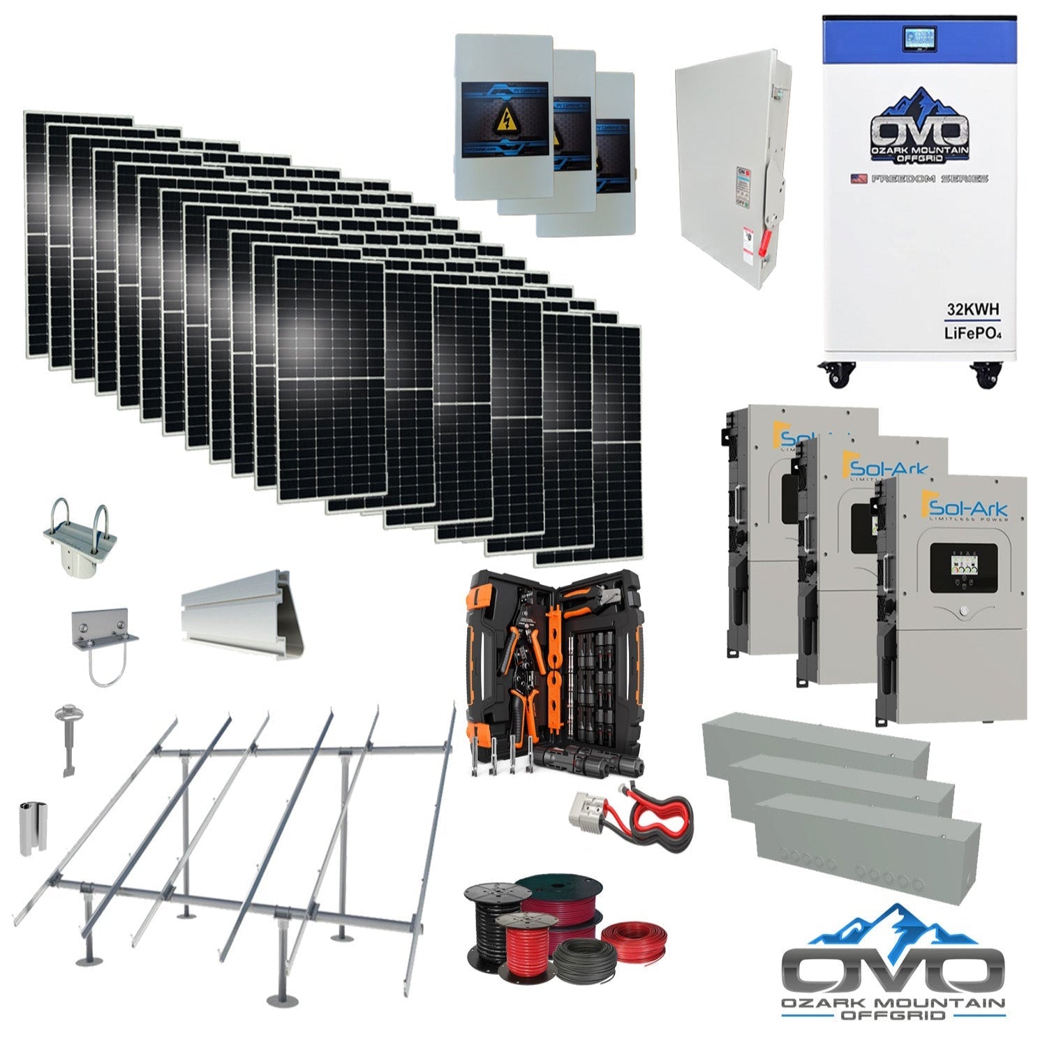40KW Complete Offgrid Solar Kit + 3x 15K Sol-Ark Inverter + 32kWh OMO 48V Freedom Series Lithium Battery +40.15KW Solar with Ground Mount and Wiring