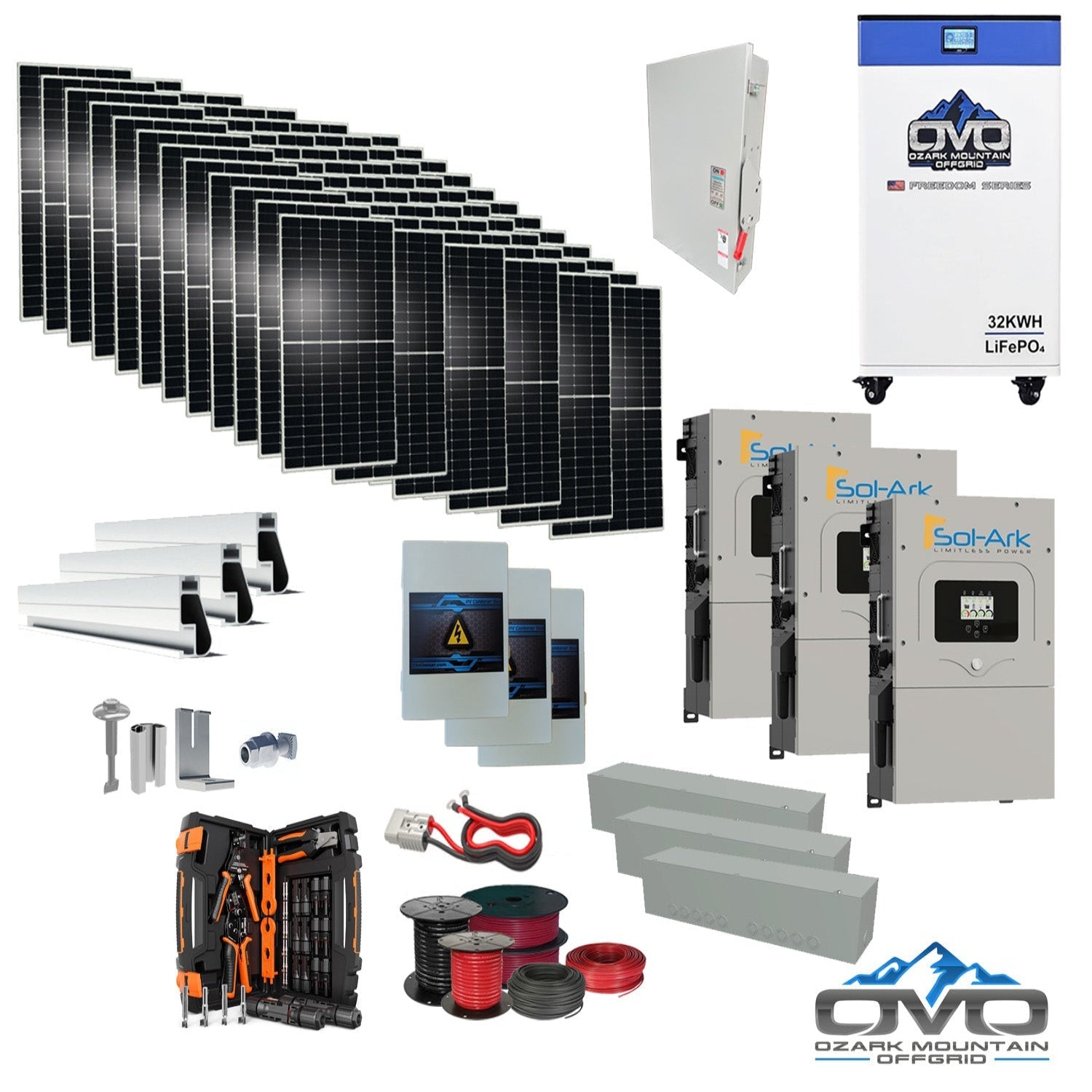 40KW Complete Offgrid Solar Kit + 3x 15K Sol-Ark Inverter + 32kWh OMO 48V Freedom Series Lithium Battery +40.15KW Solar with Roof Mount and Wiring