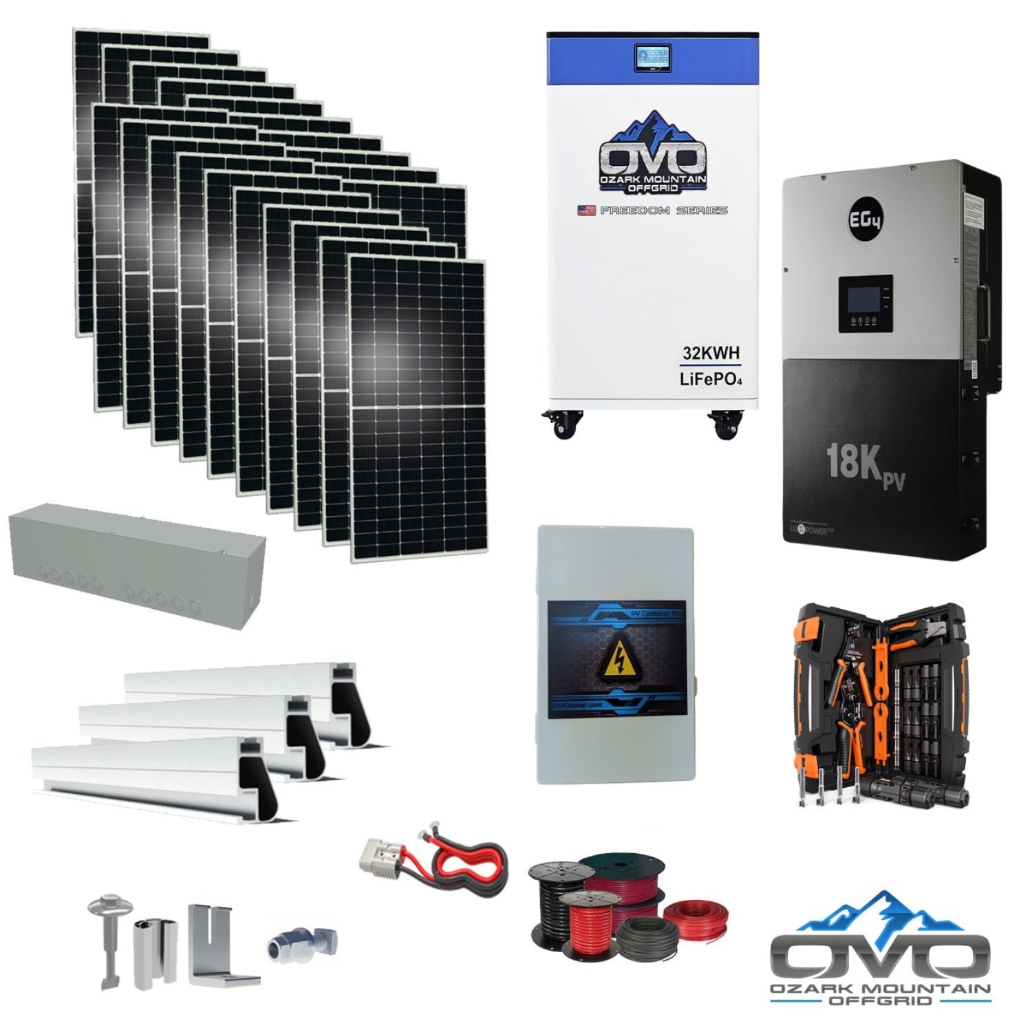 10KW Complete Offgrid Solar Kit + EG4 18kPV + 32KW OMO 48V Freedom Series Lithium Battery + 11KW Solar with Roof Mounting Rails and Wiring