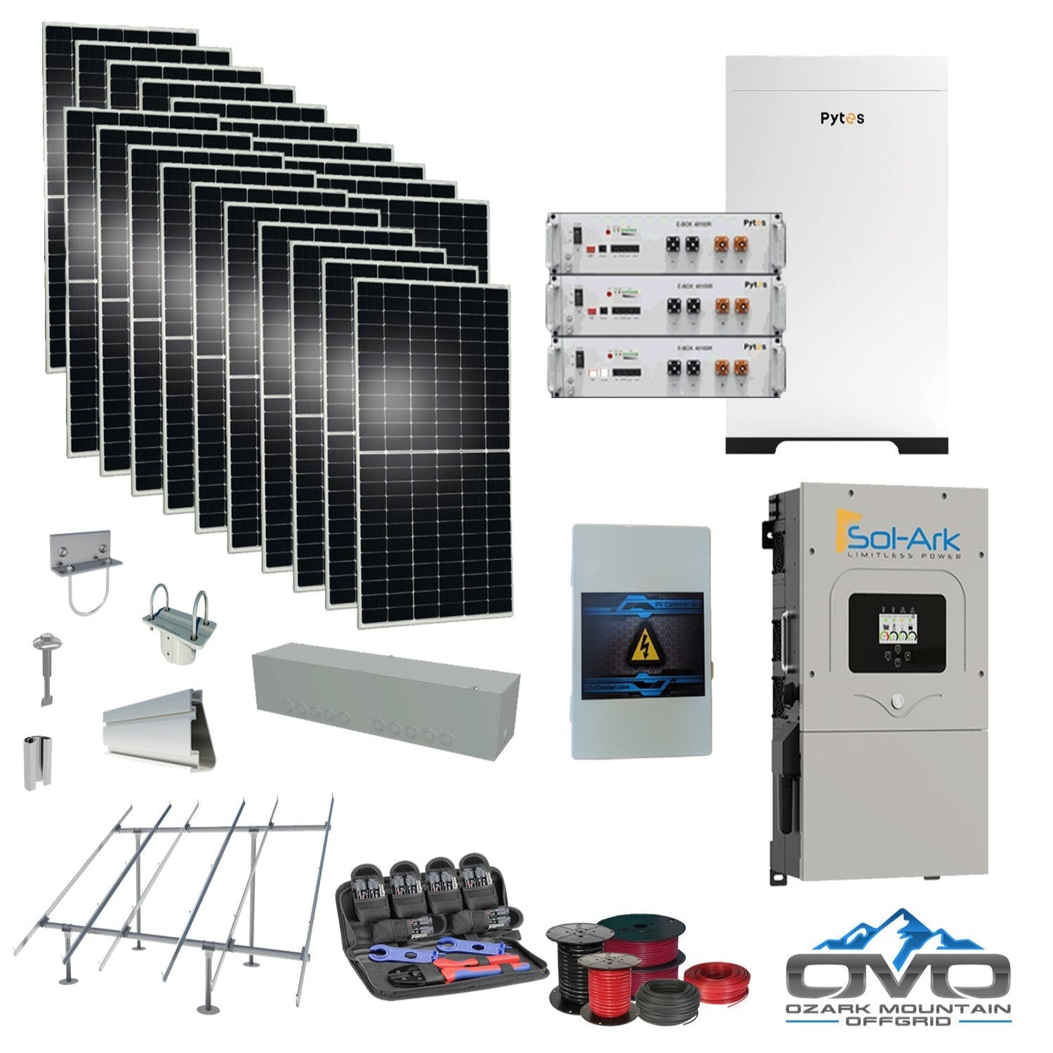 10KW Complete Offgrid Solar Kit + 15.36kWh Pytes Lithium Battery + 15K Sol Ark Inverter + 11KW Solar with Ground Mount Rails and Wiring