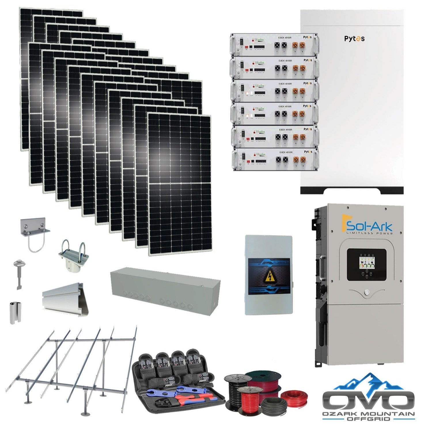 10KW Complete Offgrid Solar Kit + 30.72kWh Pytes Lithium Battery + 15K Sol Ark Inverter + 11KW Solar with Ground Mount Rails and Wiring