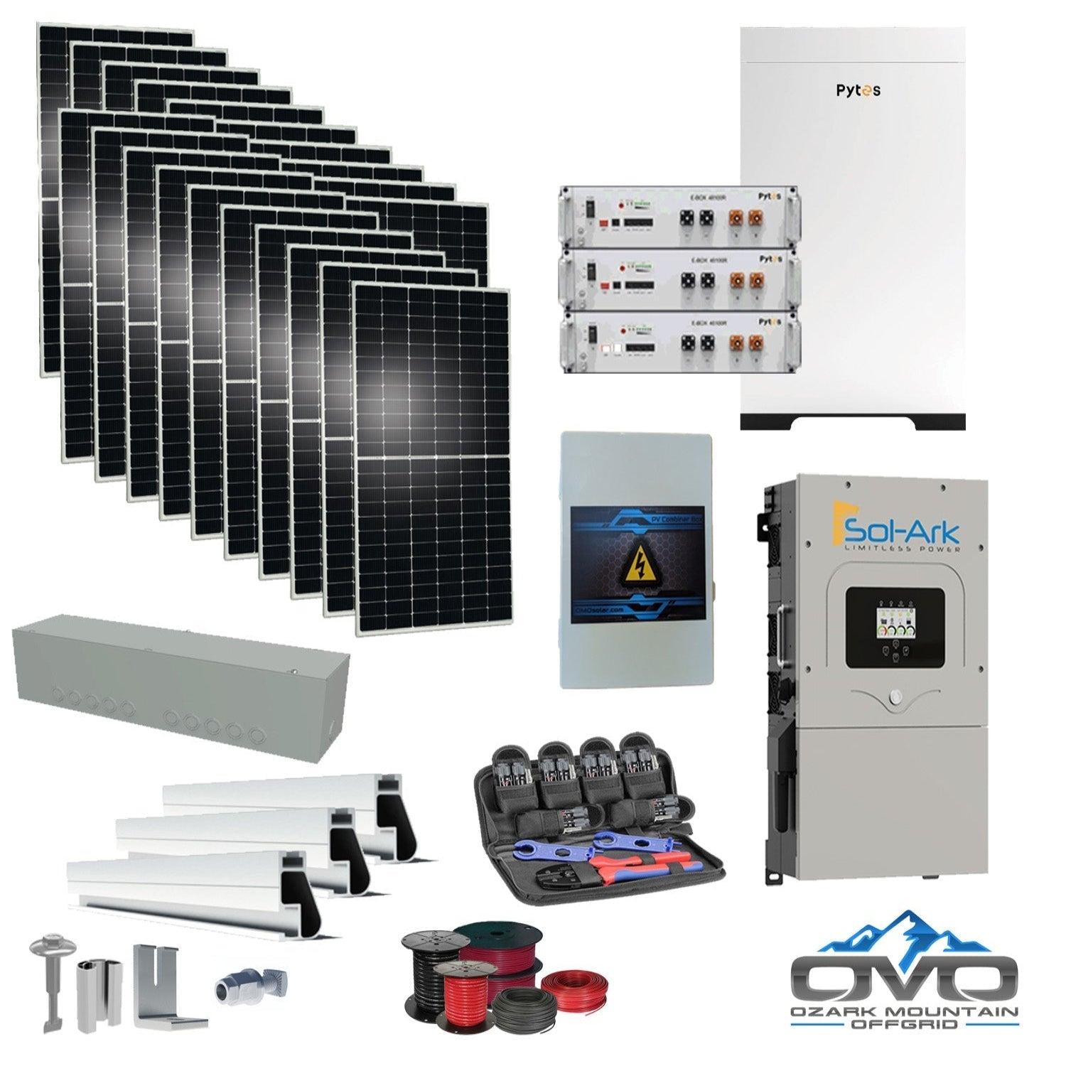 10KW Complete Offgrid Solar Kit + 15.36kWh Pytes Lithium Battery + 15K Sol Ark Inverter +11KW Solar with Roof Mount Rails and Wiring
