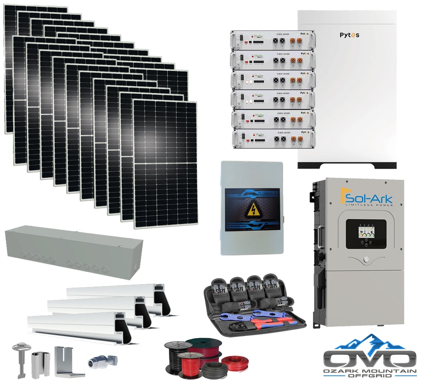 10KW Complete Offgrid Solar Kit + 30.72kWh Pytes Lithium Battery + 15K Sol Ark Inverter +11KW Solar with Roof Mount Rails and Wiring
