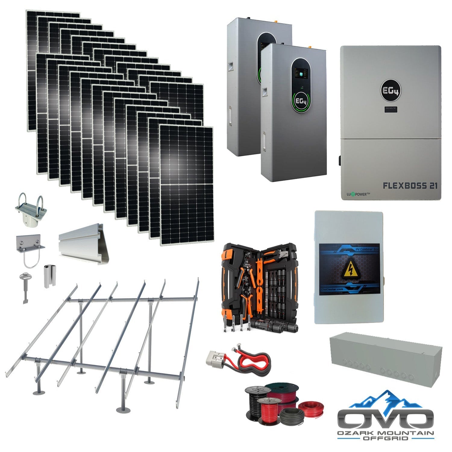 12KW Complete Offgrid Solar Kit + EG4 FlexBOSS21 + 2x 14.3KW 48V EG4 Lithium Indoor Wall Battery + 13.2KW Solar with Ground Mount and Wiring