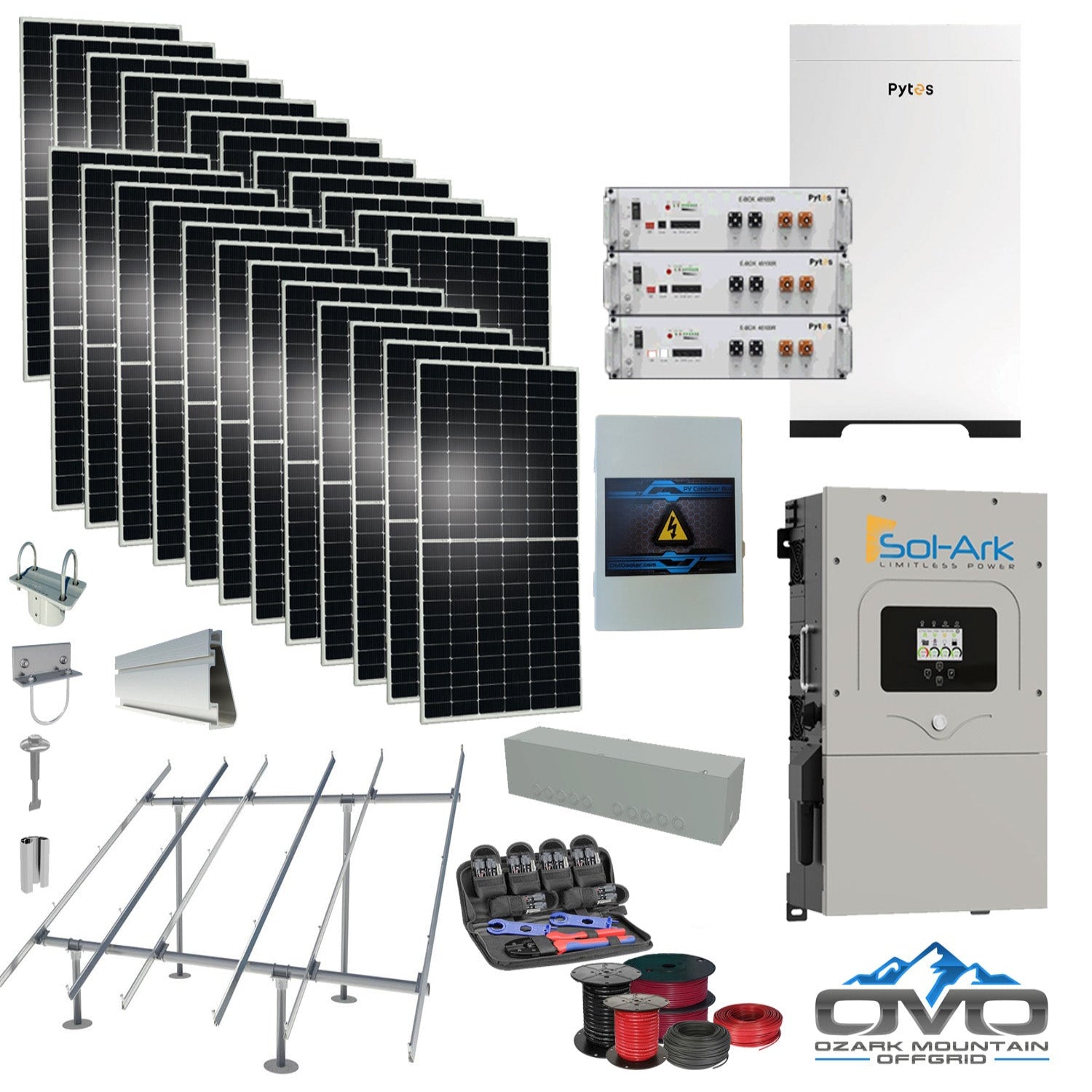 12KW Complete Offgrid Solar Kit - 15.36kWh Pytes Lithium Battery + 15K Sol Ark Inverter +13.2KW Solar with Ground Mount Rails and Wiring