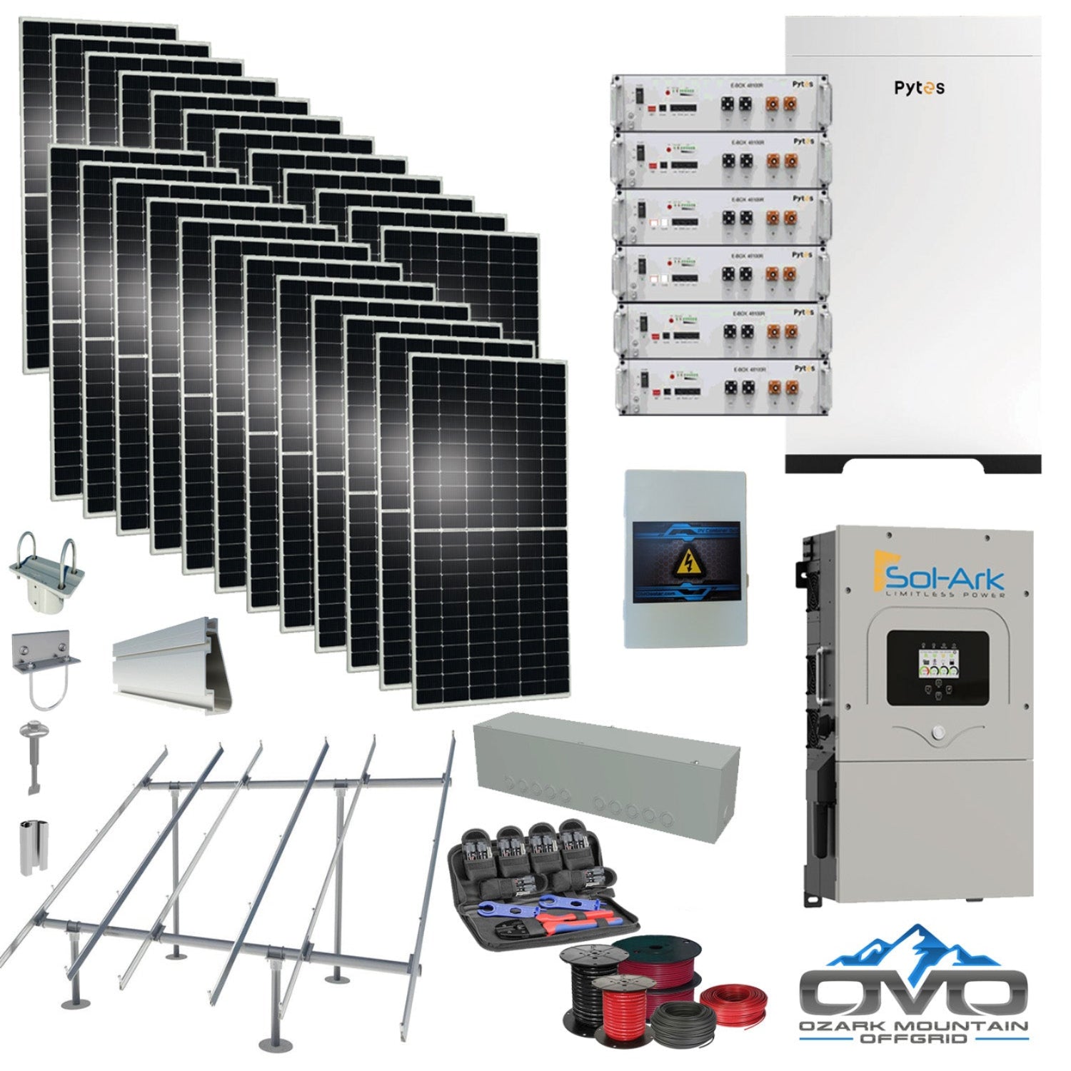 12KW Complete Offgrid Solar Kit - 30.72kWh Pytes Lithium Battery + 15K Sol Ark Inverter +13.2KW Solar with Ground Mount Rails and Wiring