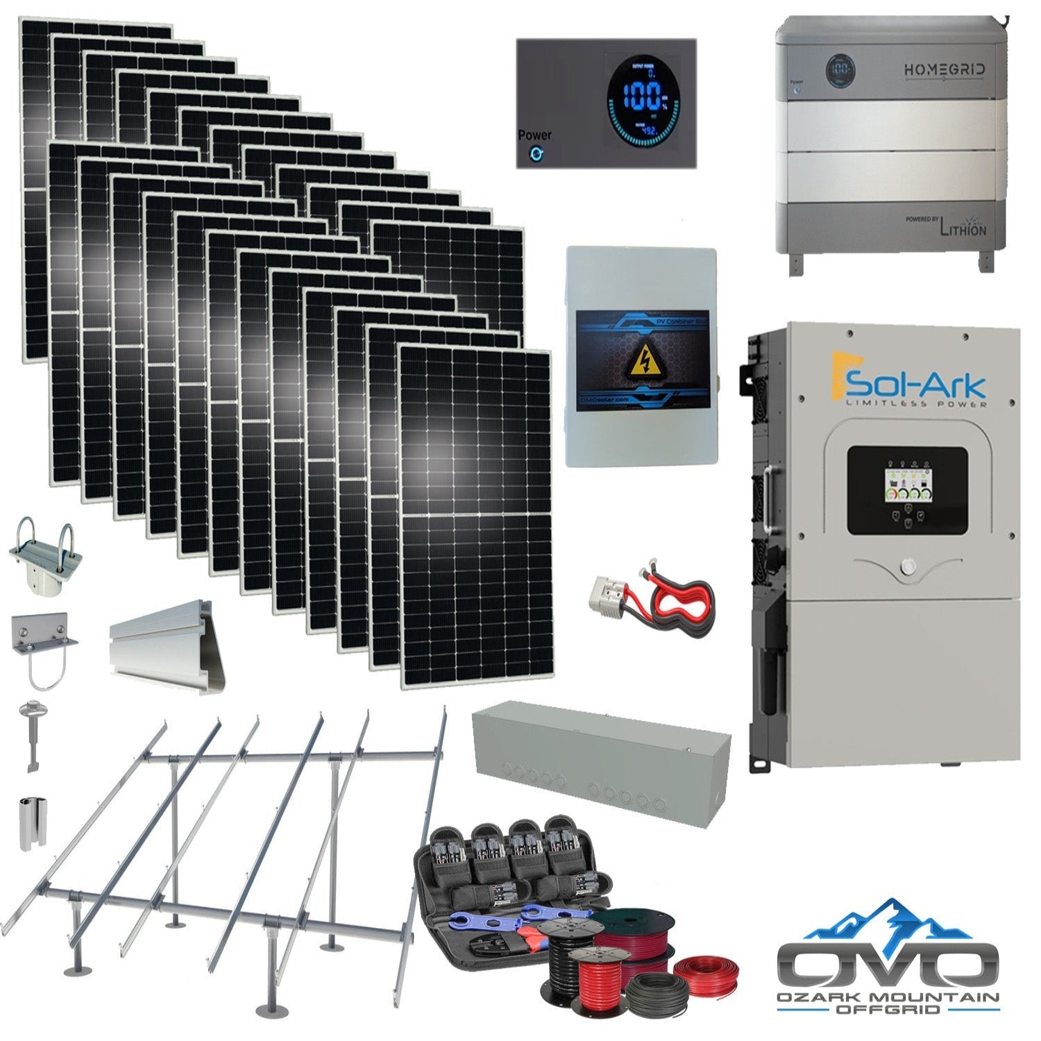 12KW Complete Offgrid Solar Kit - 9.6kWh HOMEGRID Lithium Battery + 15K Sol Ark Inverter +13.2KW Solar with Ground Mount Rails and Wiring