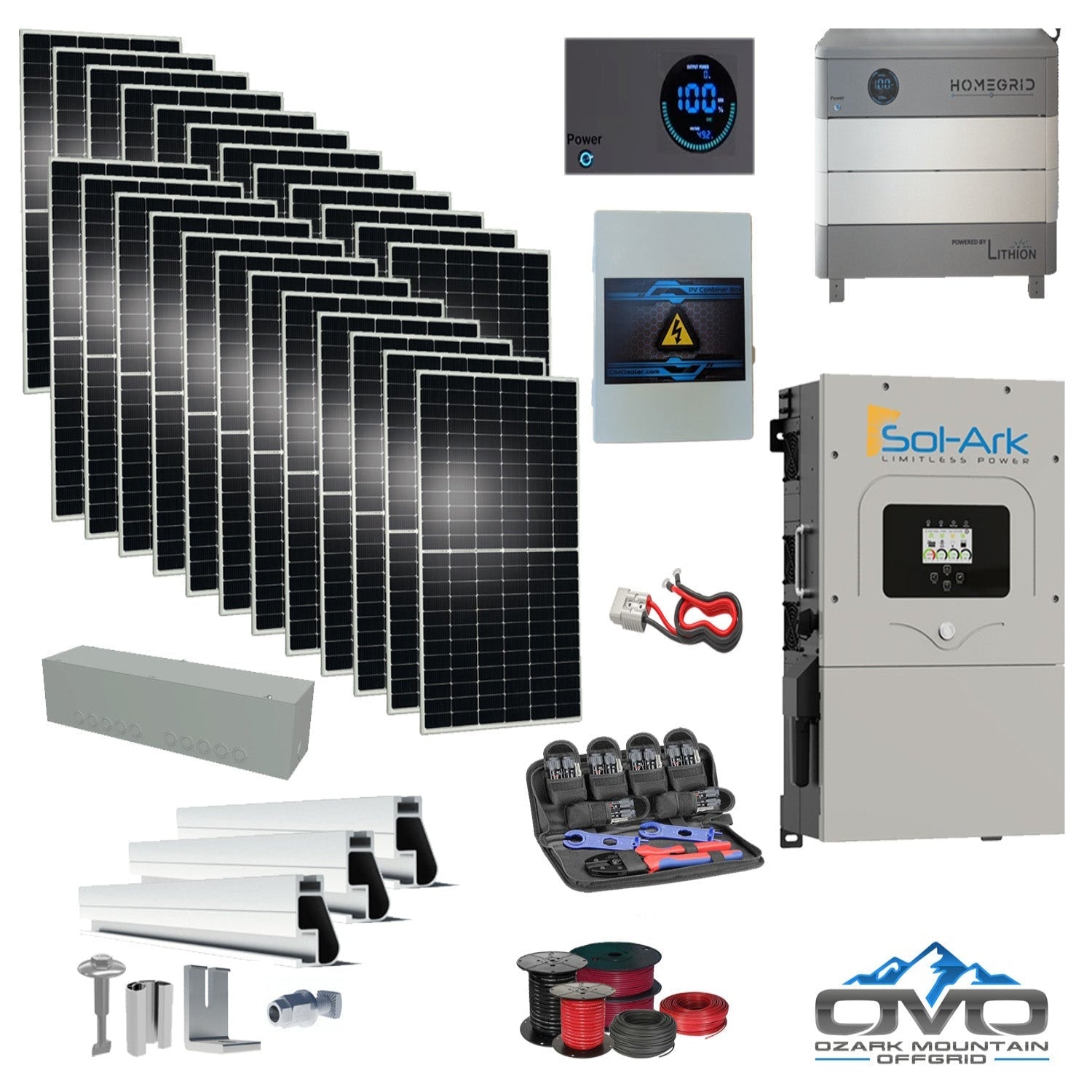 12KW Complete Offgrid Solar Kit - Homegrid 9.6kWh Lithium Battery + 15K Sol Ark Inverter +13.2KW Solar with Mounting Rails and Wiring