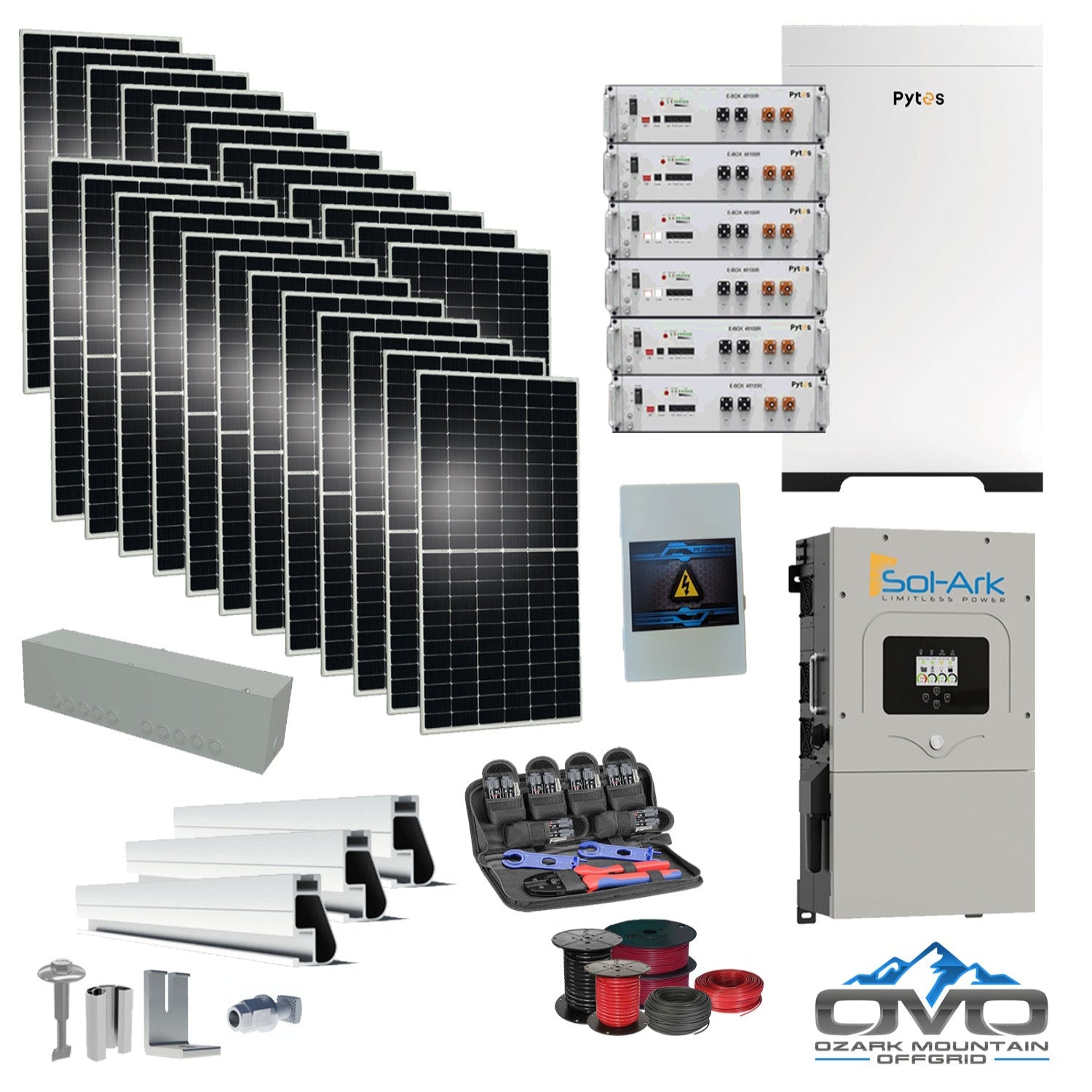 12KW Complete Offgrid Solar Kit - 30.72kWh Pytes Lithium Battery + 15K Sol Ark Inverter +13.2KW Solar with Mounting Rails and Wiring
