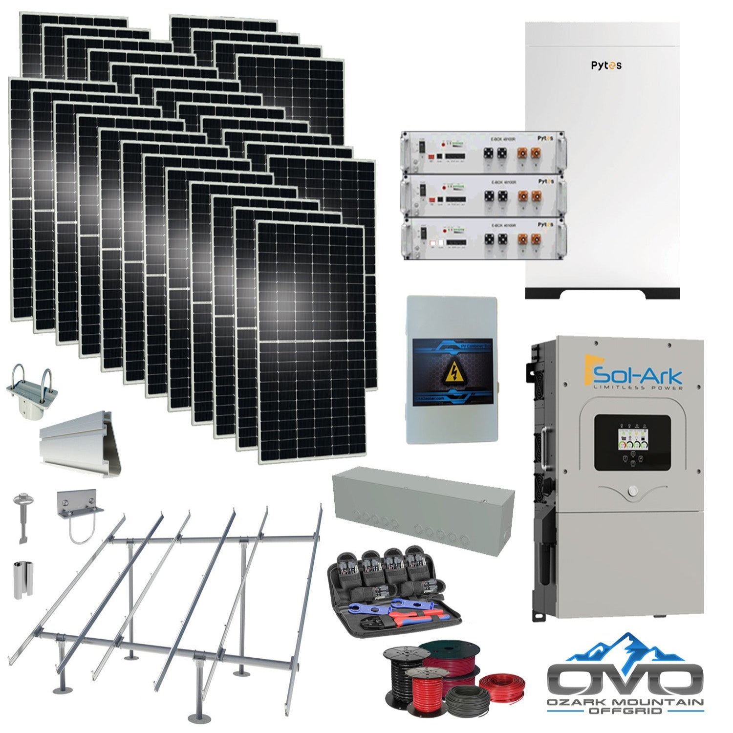 15KW Complete Offgrid Solar Kit - 15.36kWh Pytes Lithium Battery + 15K Sol Ark Inverter +15.4KW Solar with Ground Mount Rails and Wiring