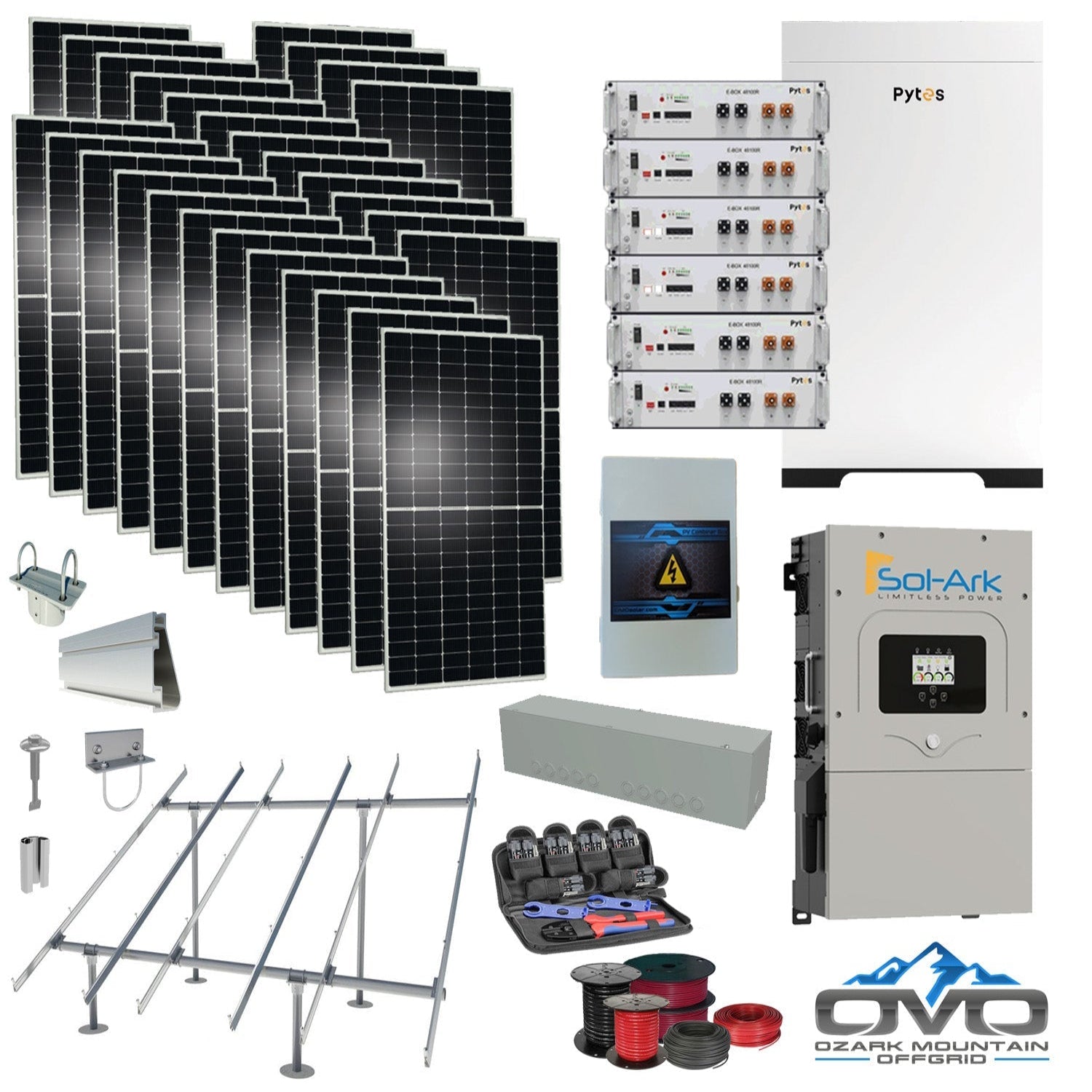 15KW Complete Offgrid Solar Kit - 30.72kWh Pytes Lithium Battery + 15K Sol Ark Inverter +15.4KW Solar with Ground Mount Rails and Wiring