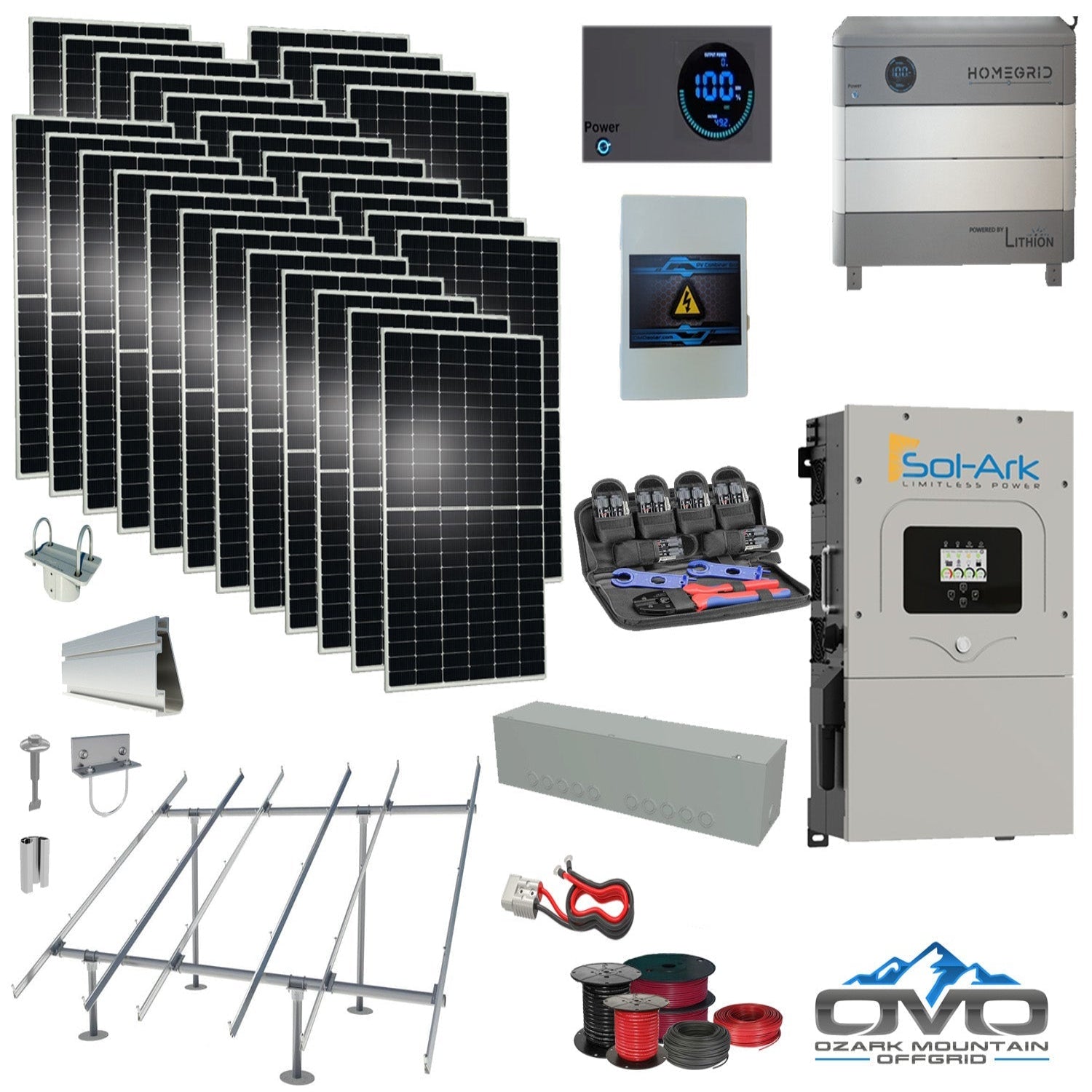 15KW Complete Offgrid Solar Kit - Homegrid 9.6kWh Lithium Battery + 15K Sol Ark Inverter +15.4KW Solar with Ground Mount Rails and Wiring