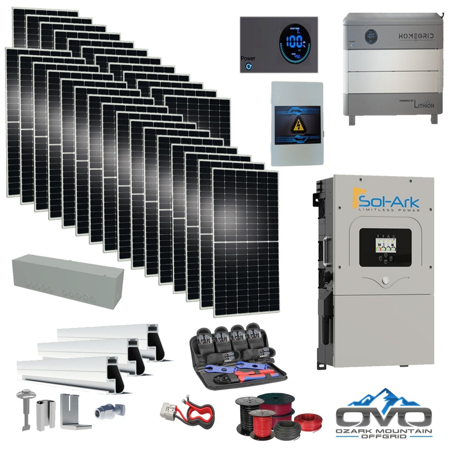 15KW Complete Offgrid Solar Kit - Homegrid 9.6kWh Lithium Battery + 15K Sol Ark Inverter +15.4KW Solar with Mounting Rails and Wiring