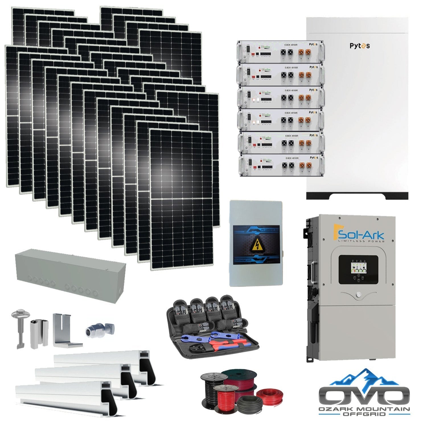 15KW Complete Offgrid Solar Kit - 30.72kWh Pytes Lithium Battery + 15K Sol Ark Inverter +15.4KW Solar with Mounting Rails and Wiring