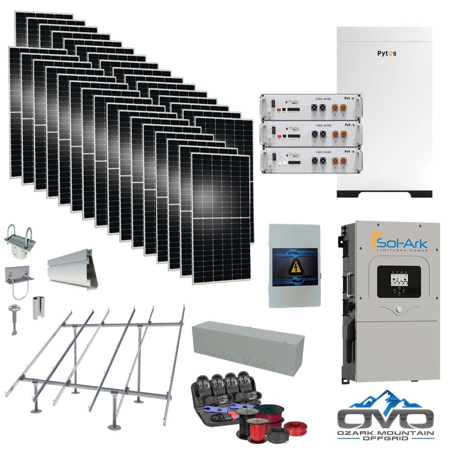 17KW Complete Offgrid Solar Kit - 15.36kWh Pytes Lithium Battery + 15K Sol Ark Inverter +17.6KW Solar with Ground Mount and Wiring