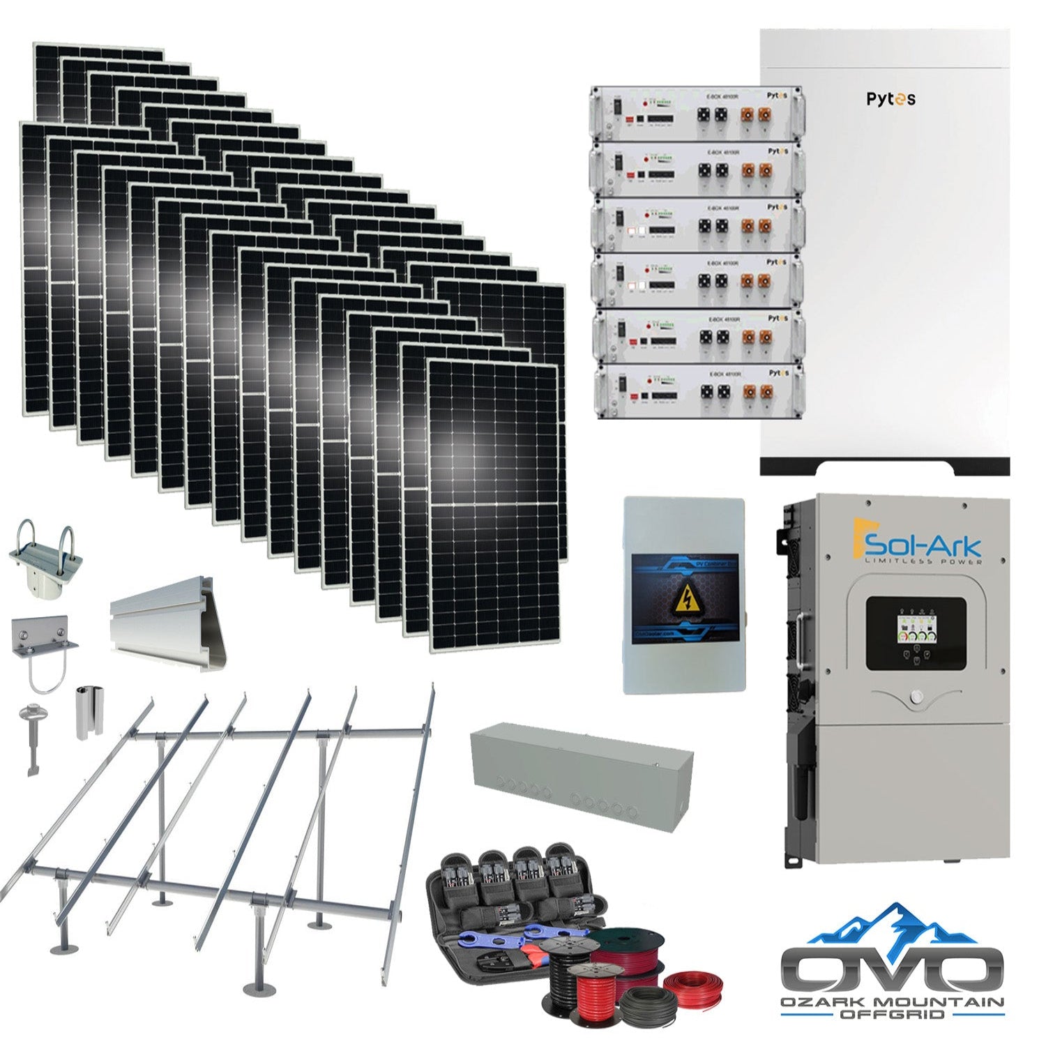 17KW Complete Offgrid Solar Kit - 30.72kWh Pytes Lithium Battery + 15K Sol Ark Inverter +17.6KW Solar with Ground Mount and Wiring