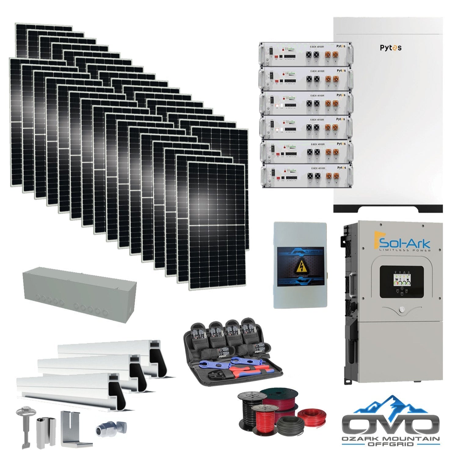 17KW Complete Offgrid Solar Kit - 30.72kWh Pytes Lithium Battery + 15K Sol Ark Inverter +17.6KW Solar with Mounting Rails and Wiring