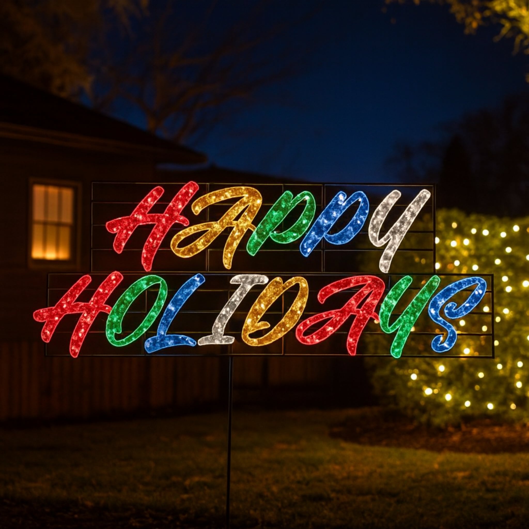 Giant Pre-Lit LED Stacked Happy Holidays 2D Wire Frame Decor