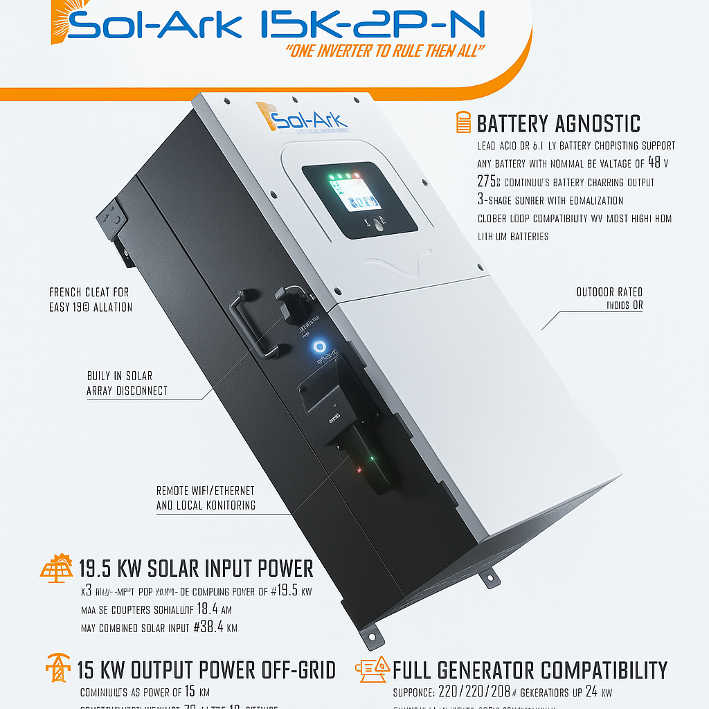 17KW Complete Offgrid Solar Kit - 15K Sol-Ark Inverter + 15.36KW OMO Stack Lithium Battery +17.6KW Solar with Mounting Rails and Wiring