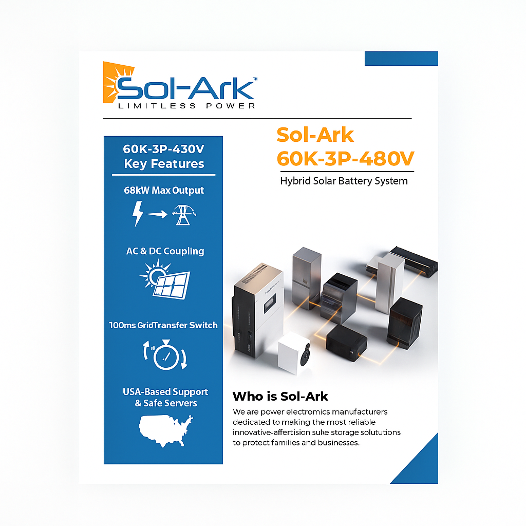Commercial 120KW Solar Array - 3 Phase 480V Solar Kit + 2x 60K 480V Sol-Ark Inverter + 2x60KW Sol-Ark INDOOR Lithium Battery +121KW Solar with Ground Mount and Wiring