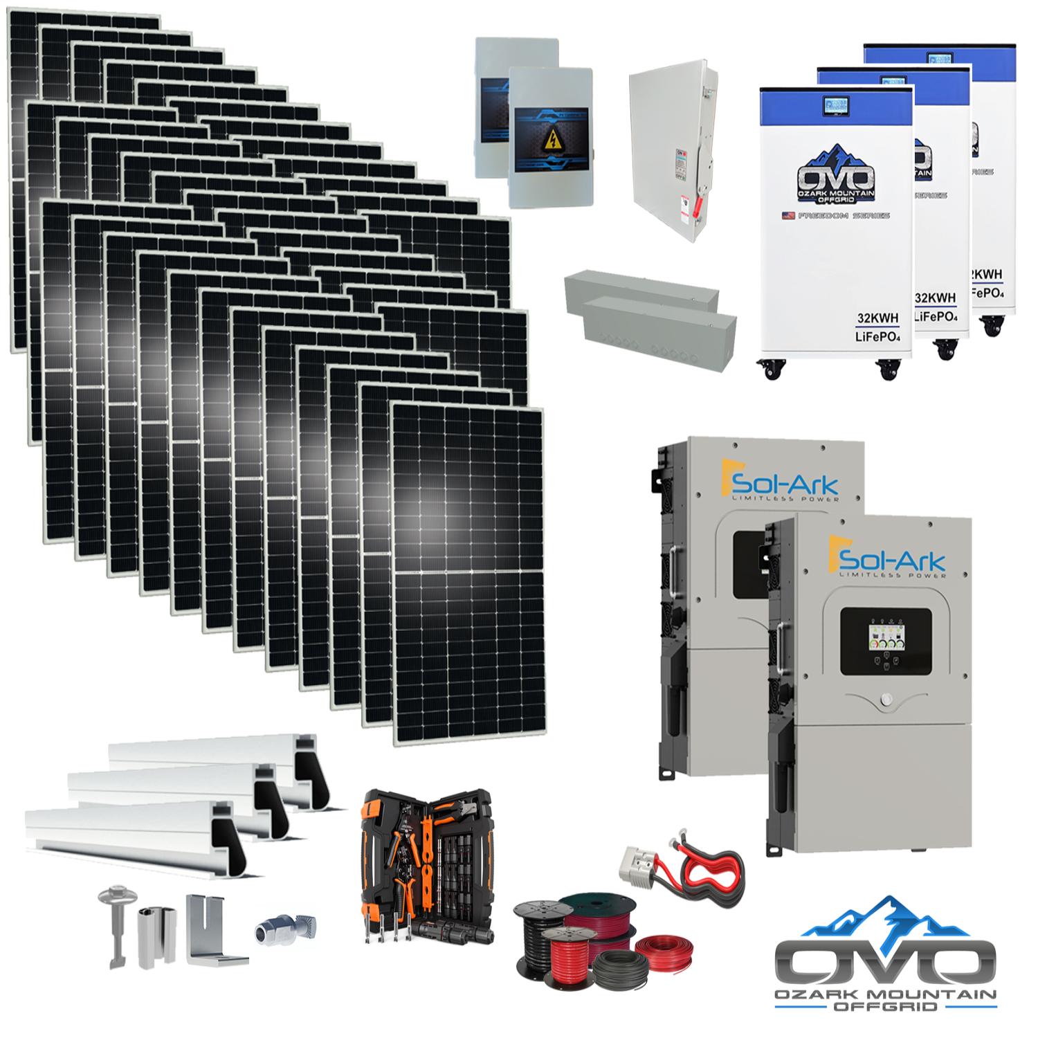 20KW Complete Offgrid Solar Kit - 3x 32kWh OMO 48V Freedom Series Lithium Battery + 2x 15K Sol-Ark Inverter +19.8KW Solar with Roof Mount and Wiring