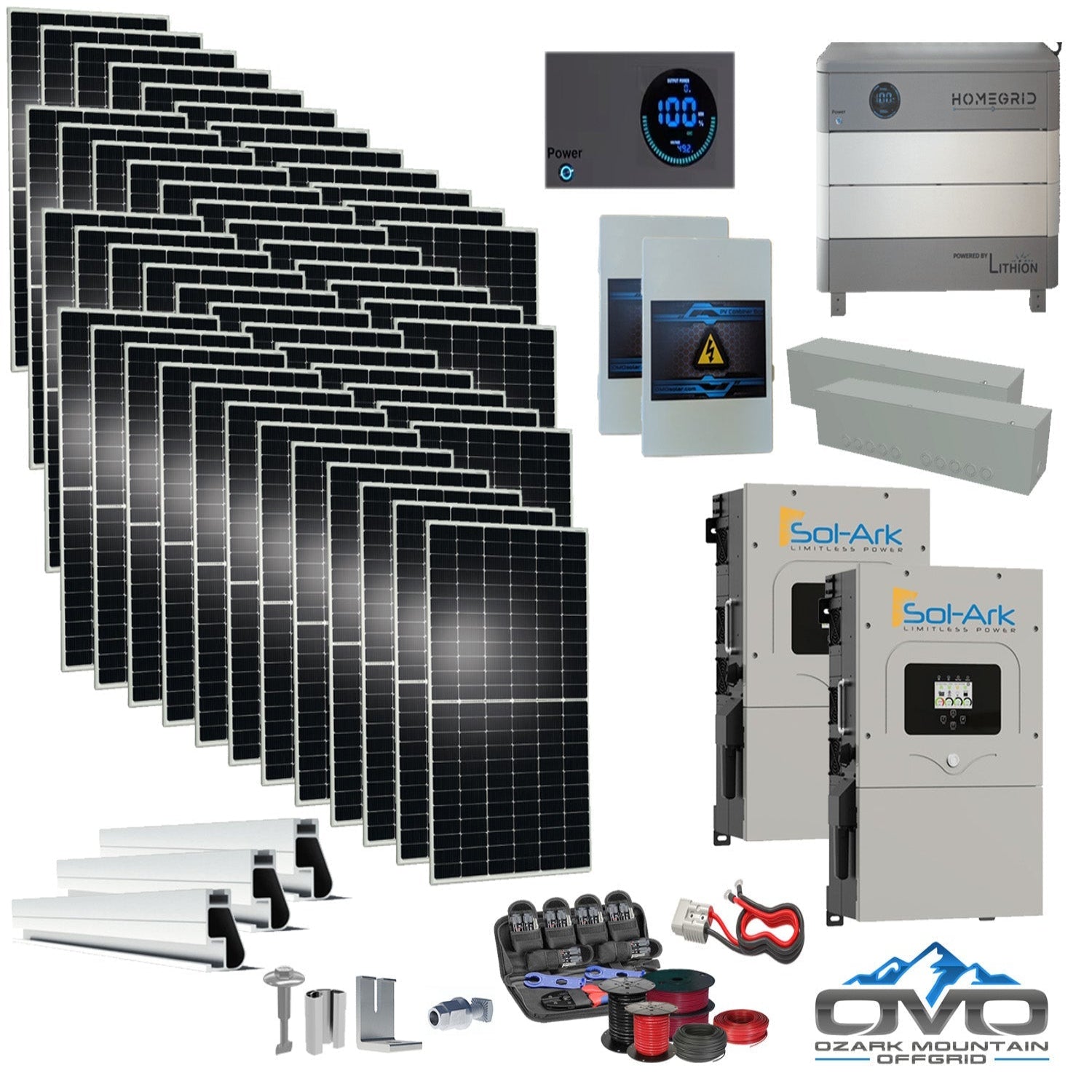25KW Complete Offgrid Solar Kit - Homegrid 9.6kWh Lithium Battery + 2x15K Sol Ark Inverter +26.4KW Solar with Mounting Rails and Wiring