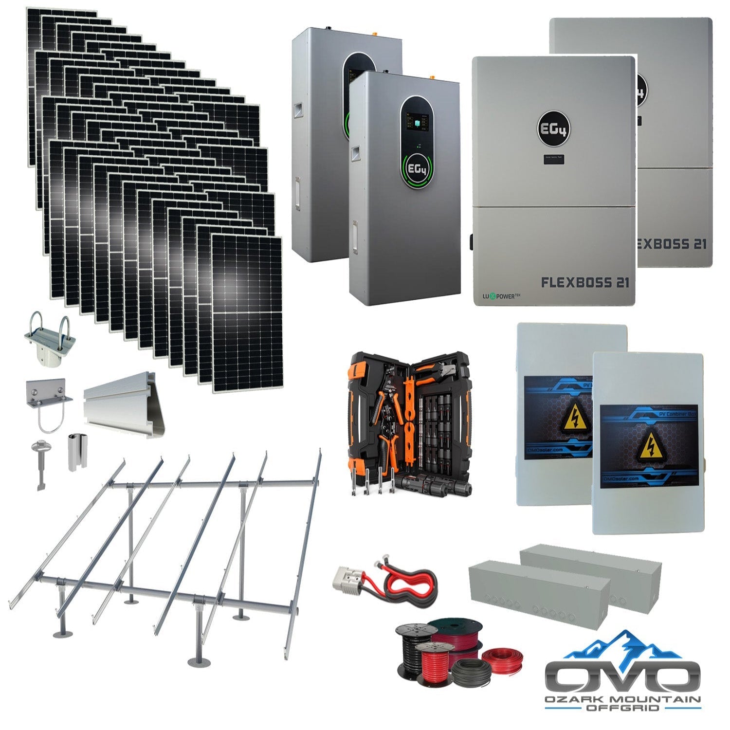 25KW Complete Offgrid Solar Kit + EG4 FlexBOSS21 +  2x 14.3KW 48V EG4 Lithium Indoor Wall Battery + 26.4KW Solar with Ground Mount and Wiring
