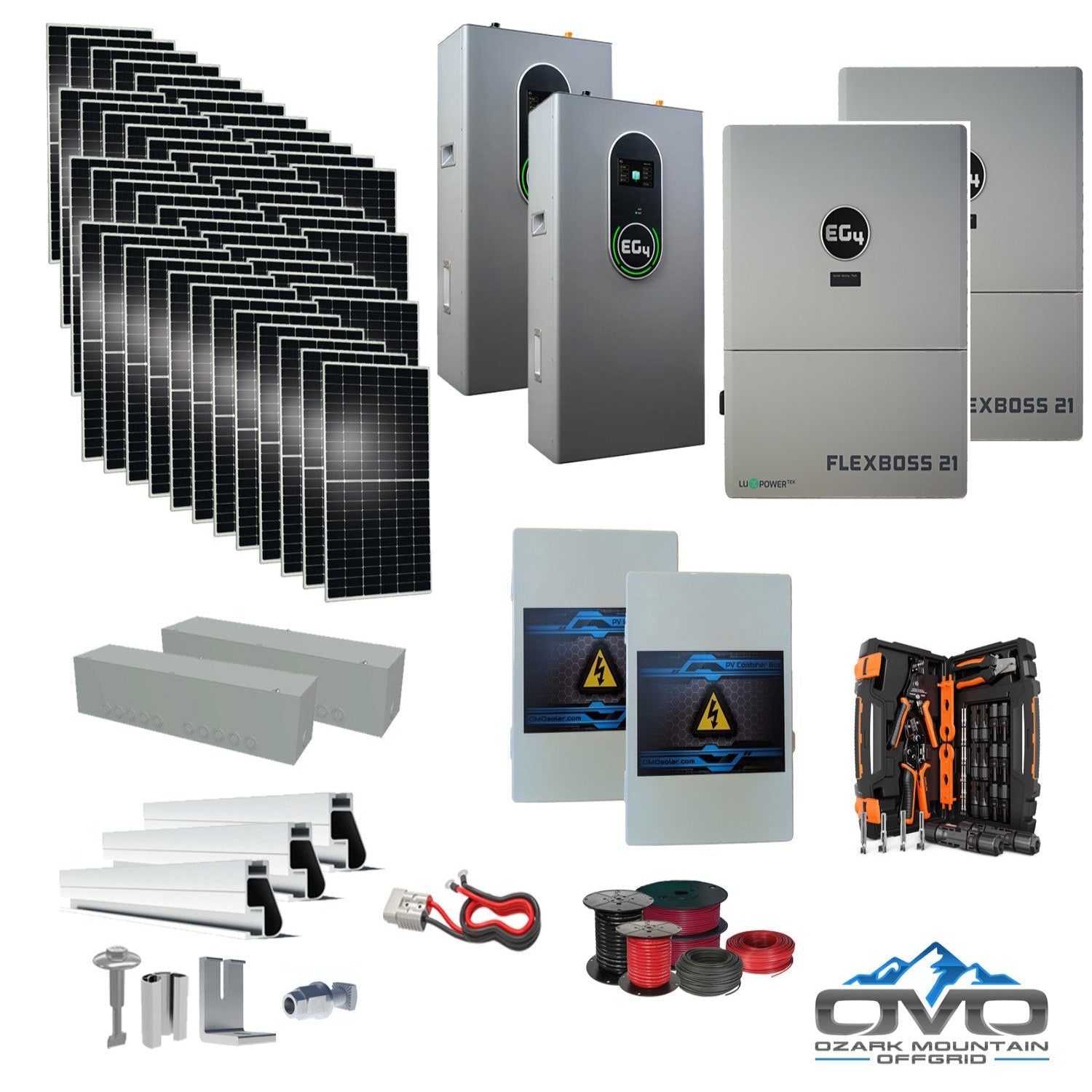 25KW Complete Offgrid Solar Kit + EG4 FlexBOSS21 + 2x 14.3KW 48V EG4 Lithium Indoor Wall Battery + 26.4KW Solar with Roof Mounting Rails and Wiring