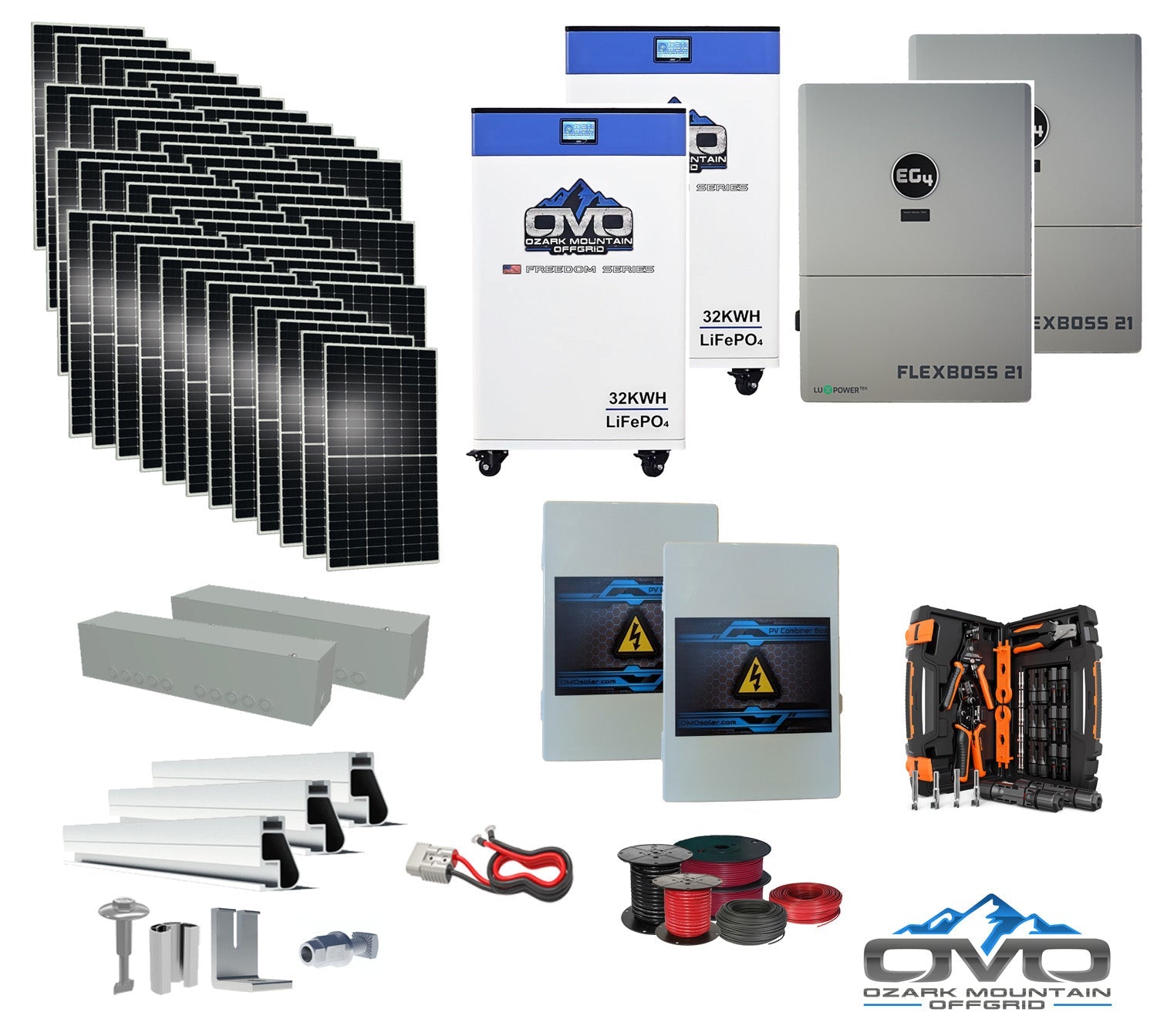 25KW Complete Offgrid Solar Kit + EG4 FlexBOSS21 + 2x 32KW OMO 48V Freedom Series Lithium Battery + 26.4KW Solar with Roof Mounting Rails and Wiring