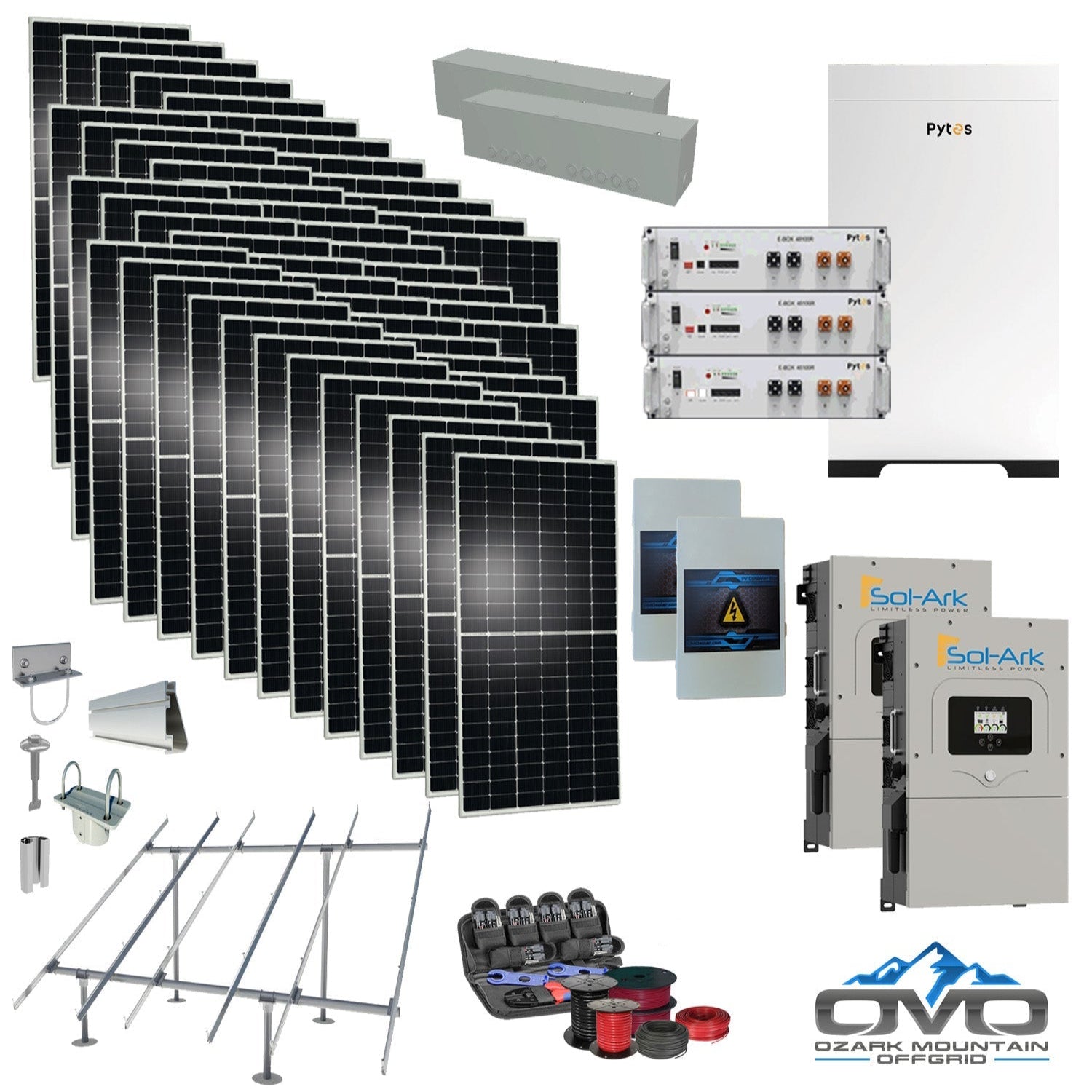 25KW Complete Offgrid Solar Kit - 15.36kWh Pytes Lithium Battery + 2x15K Sol Ark Inverter +26.4KW Solar with Ground Mount and Wiring