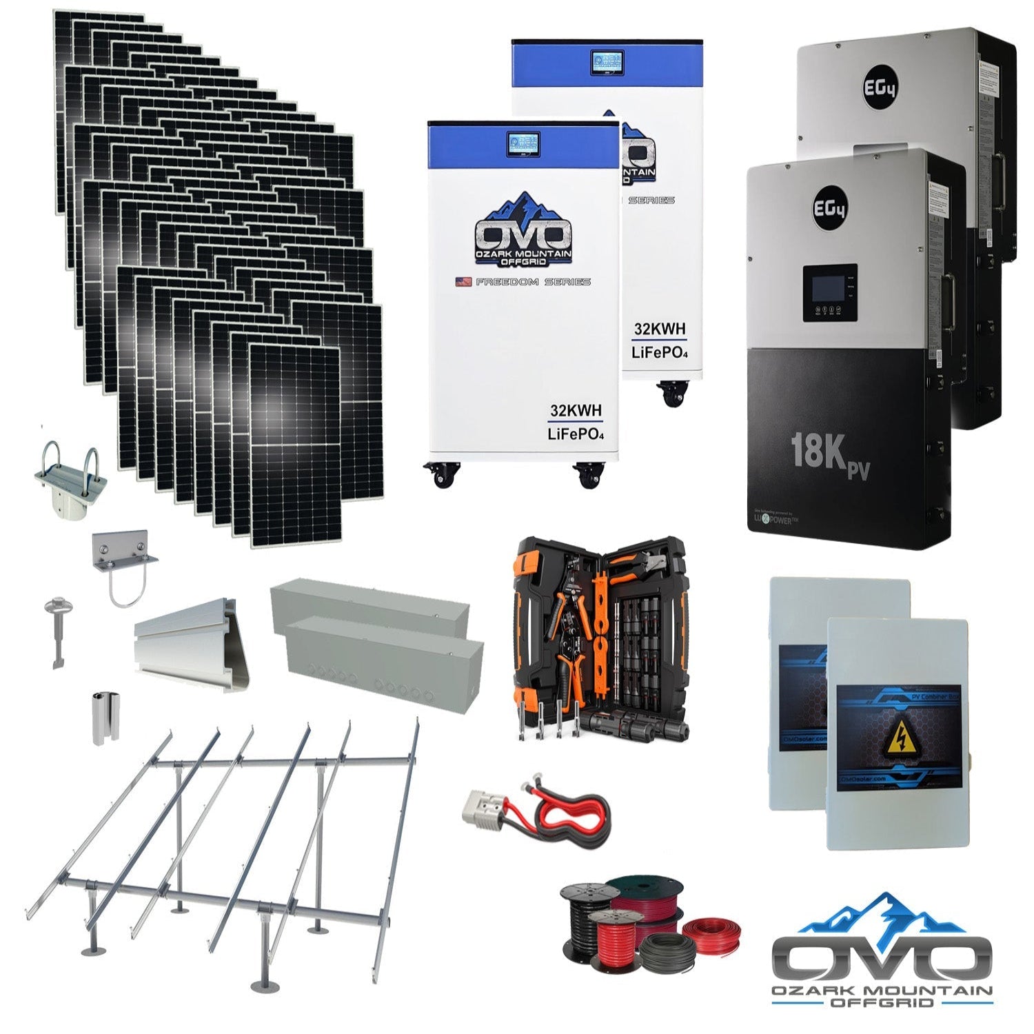 30KW Complete Offgrid Solar Kit + EG4 18kPV + 2x 32KW OMO 48V Freedom Series Lithium Battery + 30.8KW Solar with Ground Mount and Wiring