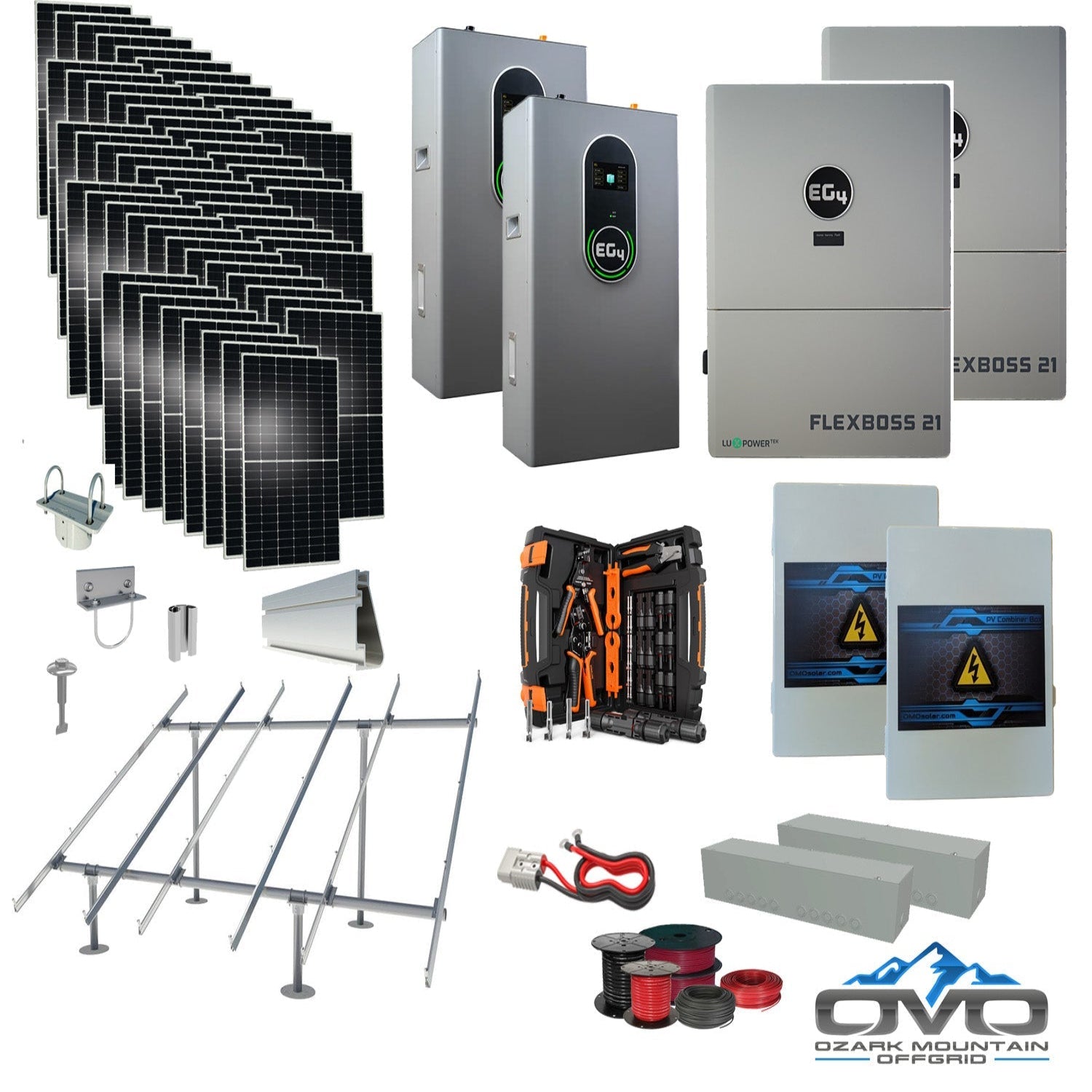 30KW Complete Offgrid Solar Kit + EG4 FlexBOSS21 + 2x 14.3KW 48V EG4 Lithium Indoor Wall Battery + 30.8KW Solar with Ground Mount and Wiring