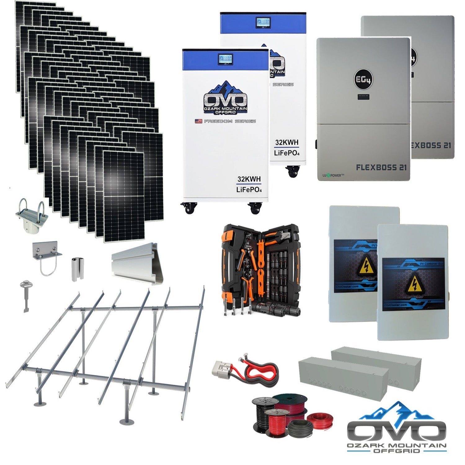 30KW Complete Offgrid Solar Kit + EG4 FlexBOSS21 + 2x 32KW OMO 48V Freedom Series Lithium Battery + 30.8KW Solar with Ground Mount and Wiring
