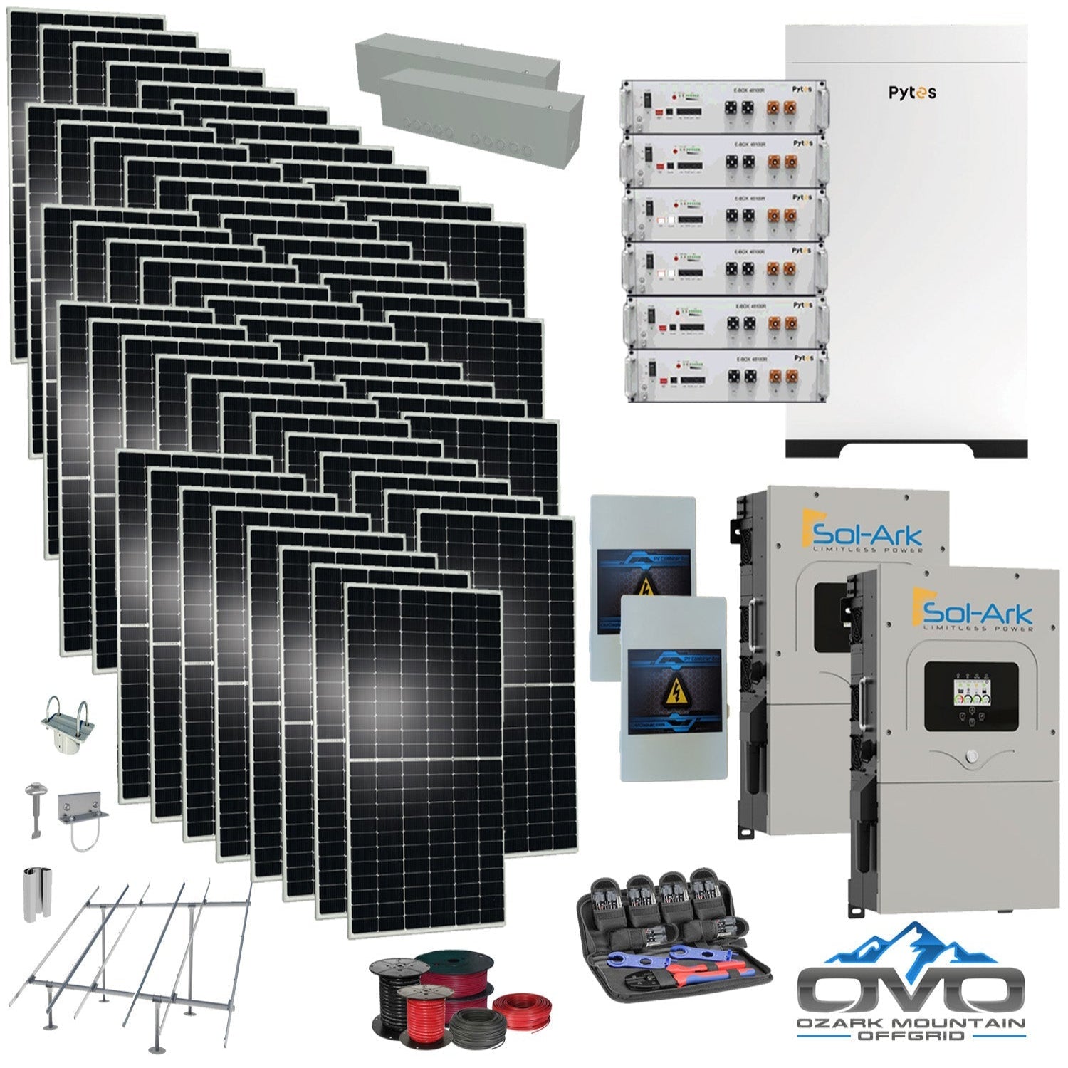 30KW Complete Offgrid Solar Kit - 30.72KW Pytes Lithium Battery +2x 15K Sol Ark Inverter +30.8KW Solar with Ground Mount and Wiring