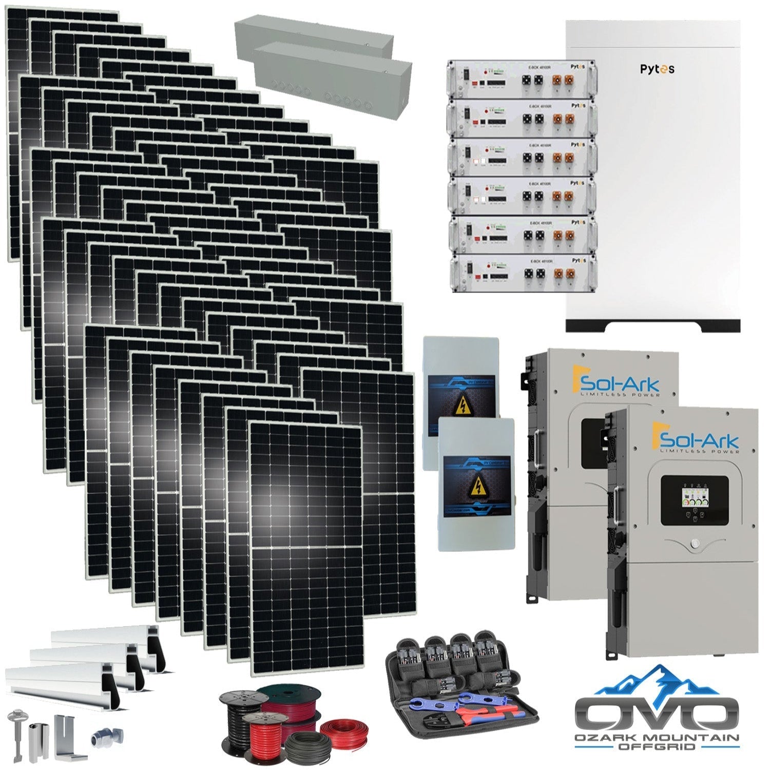 30KW Complete Offgrid Solar Kit - 30.72KW Pytes Lithium Battery + 2x 15K Sol Ark Inverter +30.8KW Solar with Roof Mount and Wiring