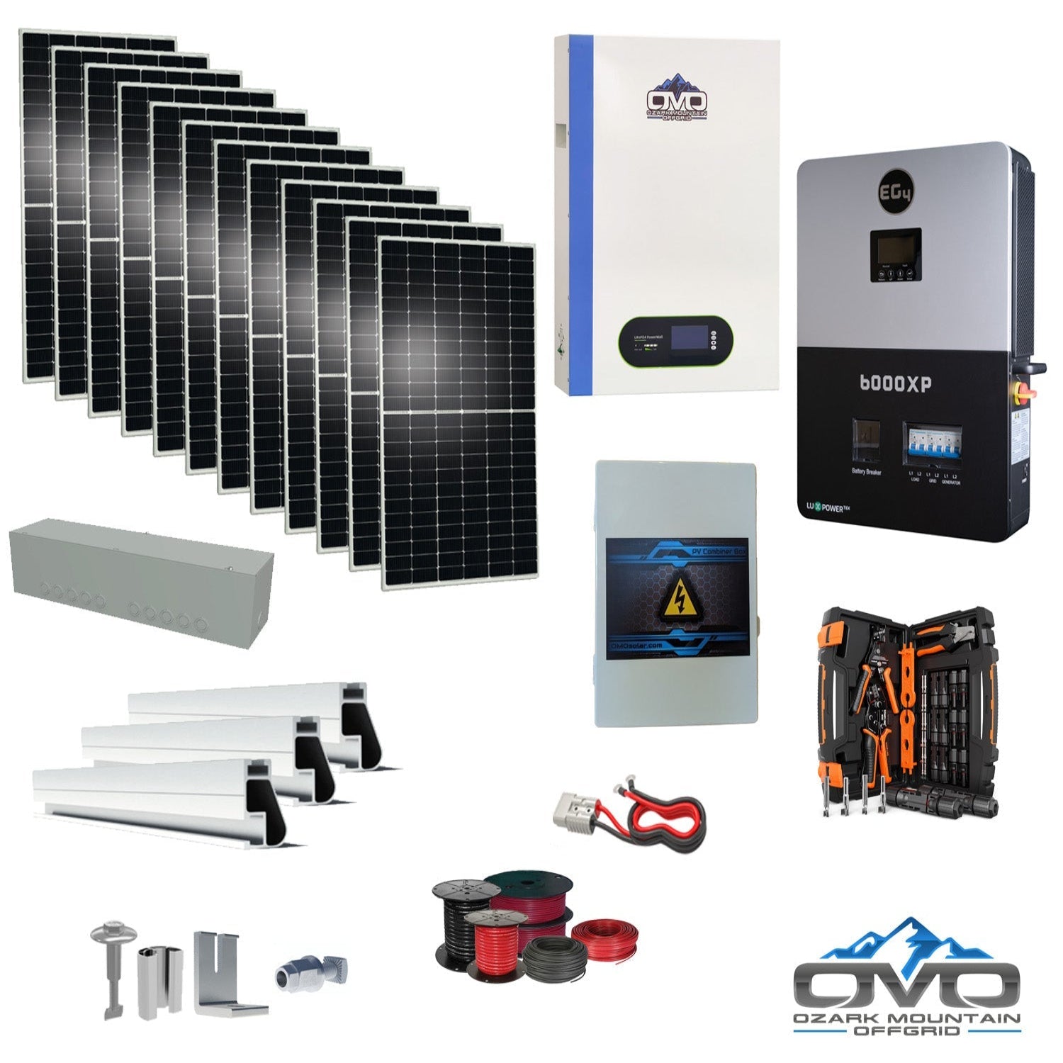 6KW Complete Offgrid Solar Kit + 6K EG4 6000XP Inverter + 5.12KW OMO 48V Patriot Lithium Battery + 6.6KW Solar with Roof Mounting Rails and Wiring