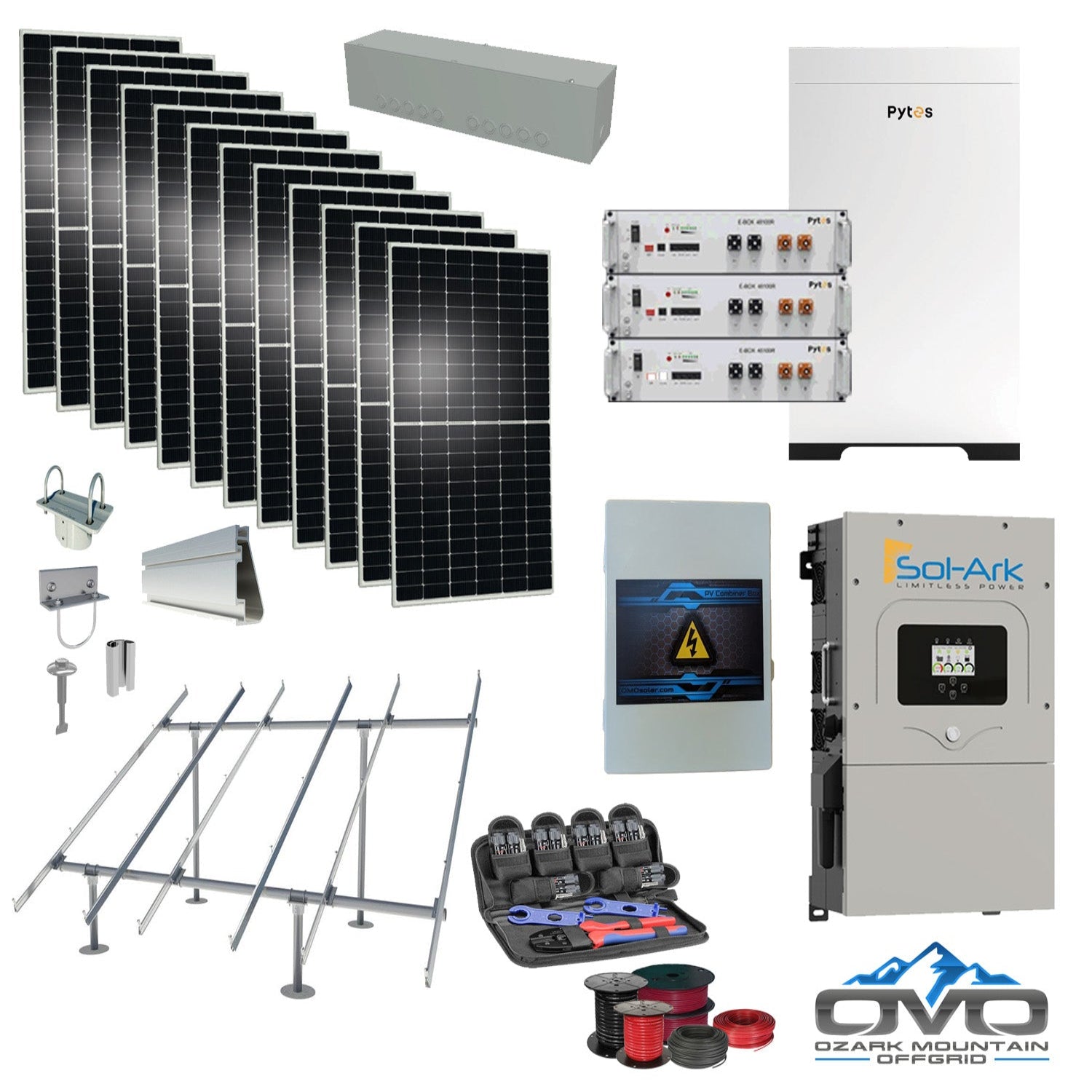 6KW Complete Offgrid Solar Kit - 15.36kWh Pytes Lithium Battery + 15K Sol Ark Inverter +6.6KW Solar with Ground Mount Rails and Wiring